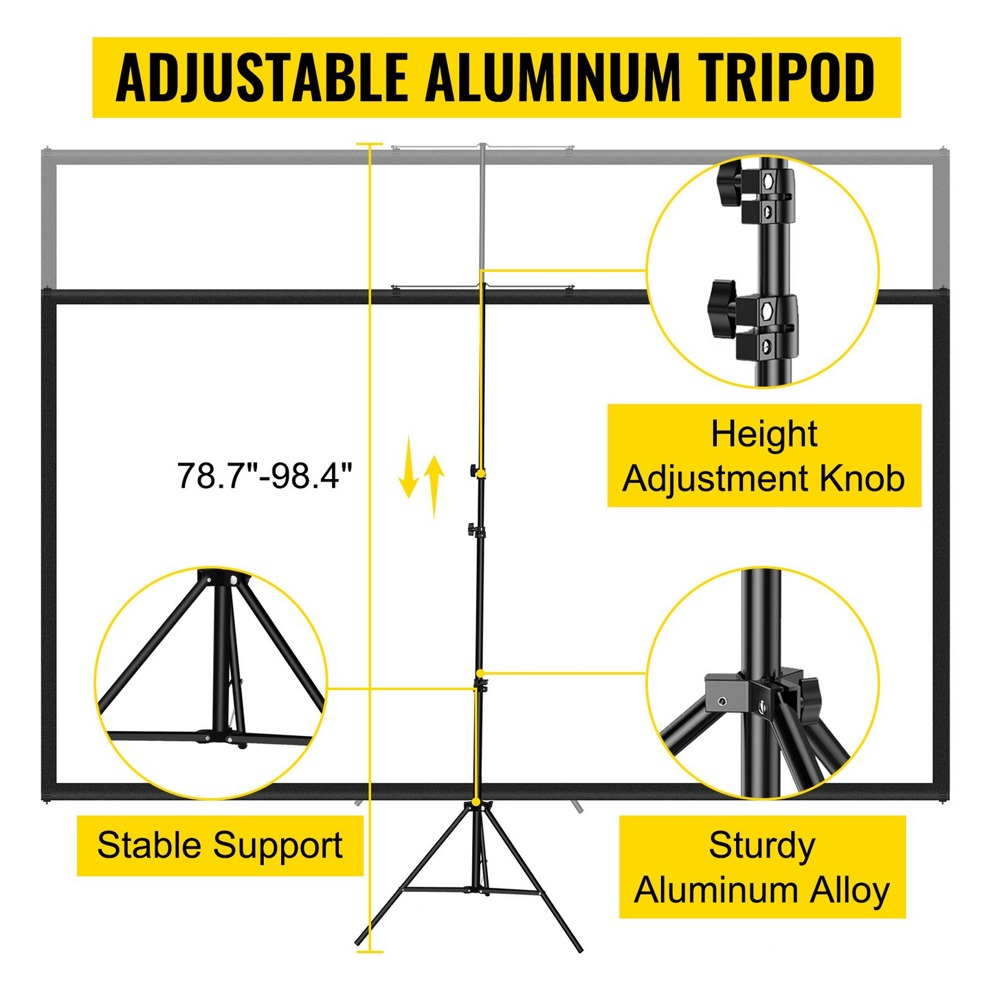 VEVOR Tripod Projector Screen with Stand 100inch 16:9 4K HD Projection Screen Stand Wrinkle-Free Height Adjustable Portable Screen for Projector Indoor & Outdoor for Movie, Home Cinema, Gaming, Office