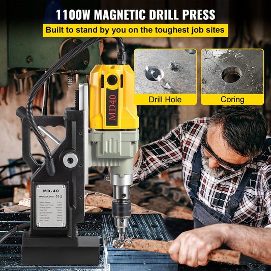 VEVOR Magnetic Drill, 1100W 1.57" Boring Diameter, 2697lbf/12000N Portable Electric Mag Drill Press with 7 Bits, 580 RPM Max Speed Drilling Machine for any Surface and Home Improvement