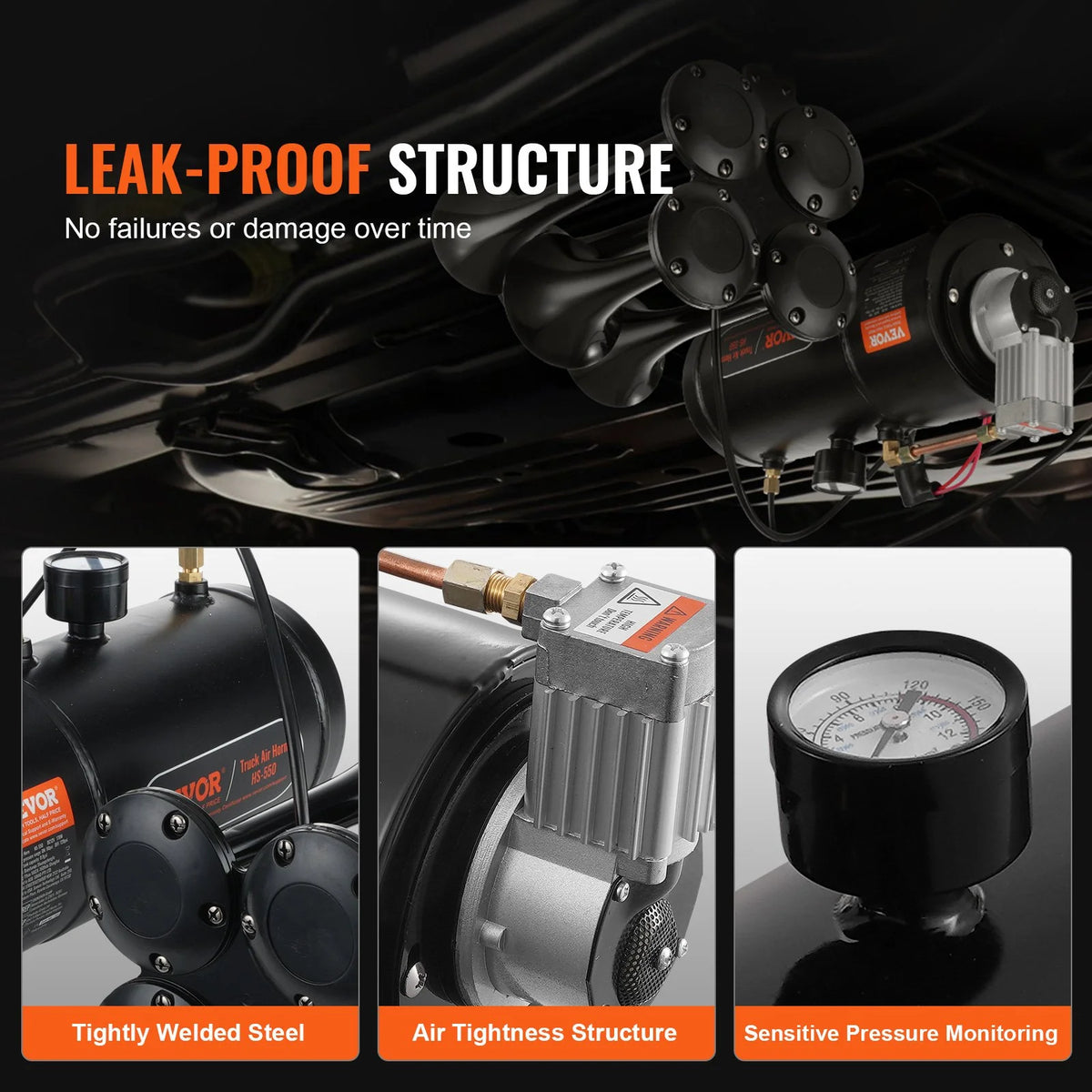 VEVOR Train Horns Kit, 4 Trumpet Air Horn Kit, 150dB Train Horns for Pickup Trucks, 12V 120 psi Air - view 5