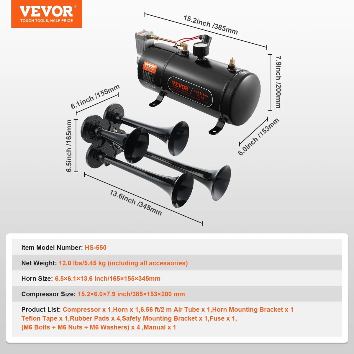VEVOR Train Horns Kit, 4 Trumpet Air Horn Kit, 150dB Train Horns for Pickup Trucks, 12V 120 psi Air - view 7