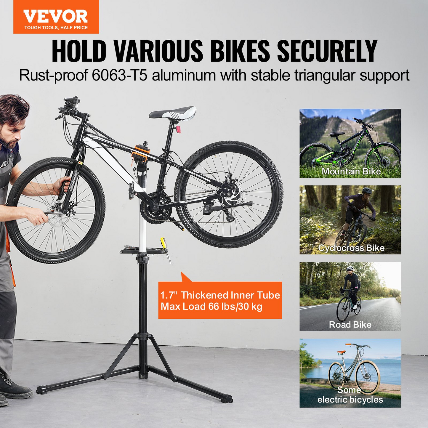 VEVOR Bike Repair Stand, 66 lbs Heavy-duty Aluminum Bicycle Repair Stand, Adjustable Height Bike Maintenance Workstand with Magnetic Tool Tray Telescopic Arm, Foldable Bike Work Stand for Home, Shops