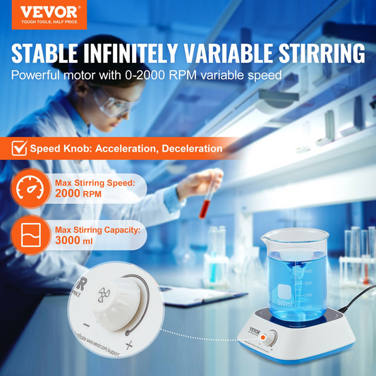 VEVOR Magnetic Stirrer, 0-2000 RPM Stir Plate with Adjustable Speed Knob, 3000mL Plate Stirrer Kit, Stir Bar Included