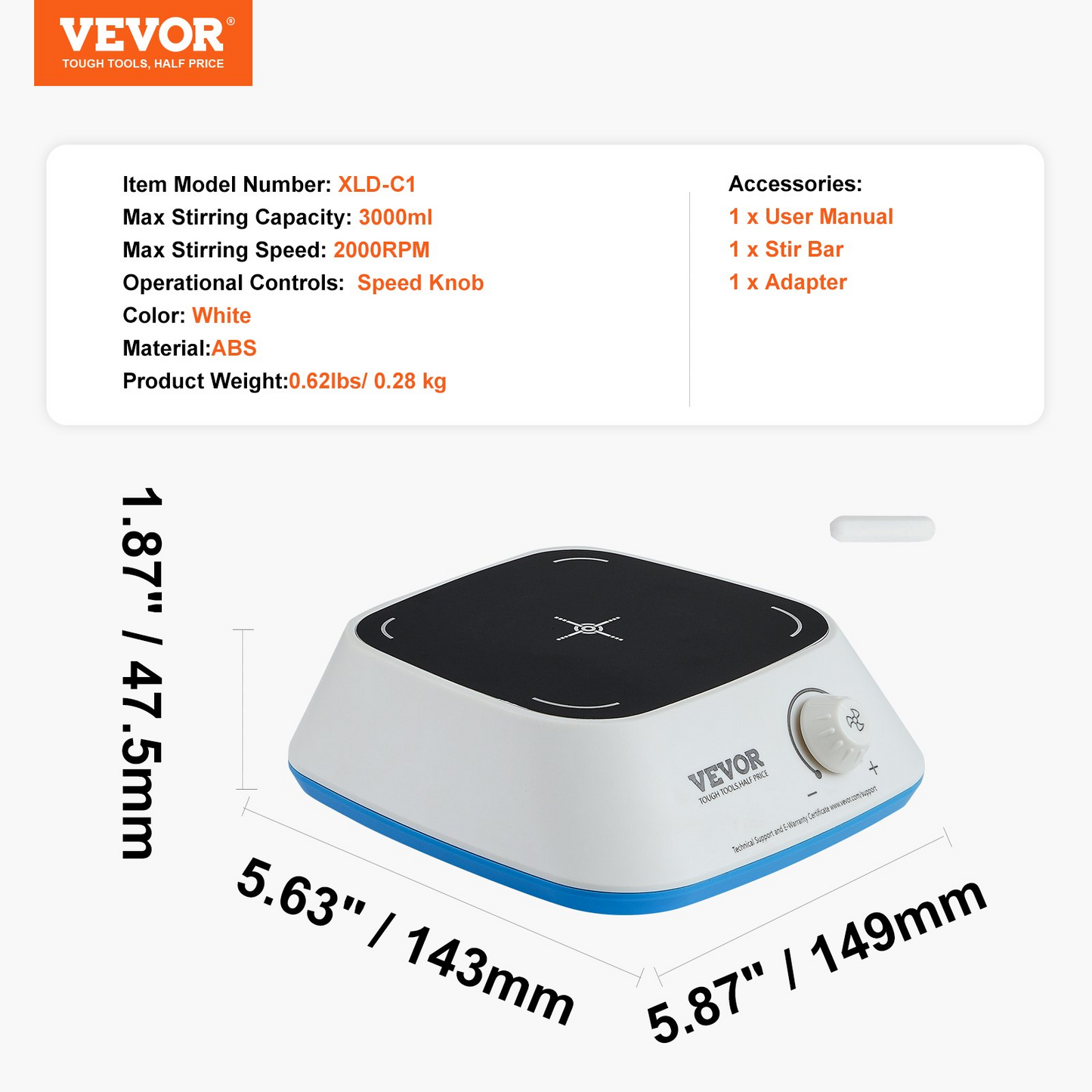 VEVOR Magnetic Stirrer, 0-2000 RPM Stir Plate with Adjustable Speed Knob, 3000mL Plate Stirrer Kit, Stir Bar Included