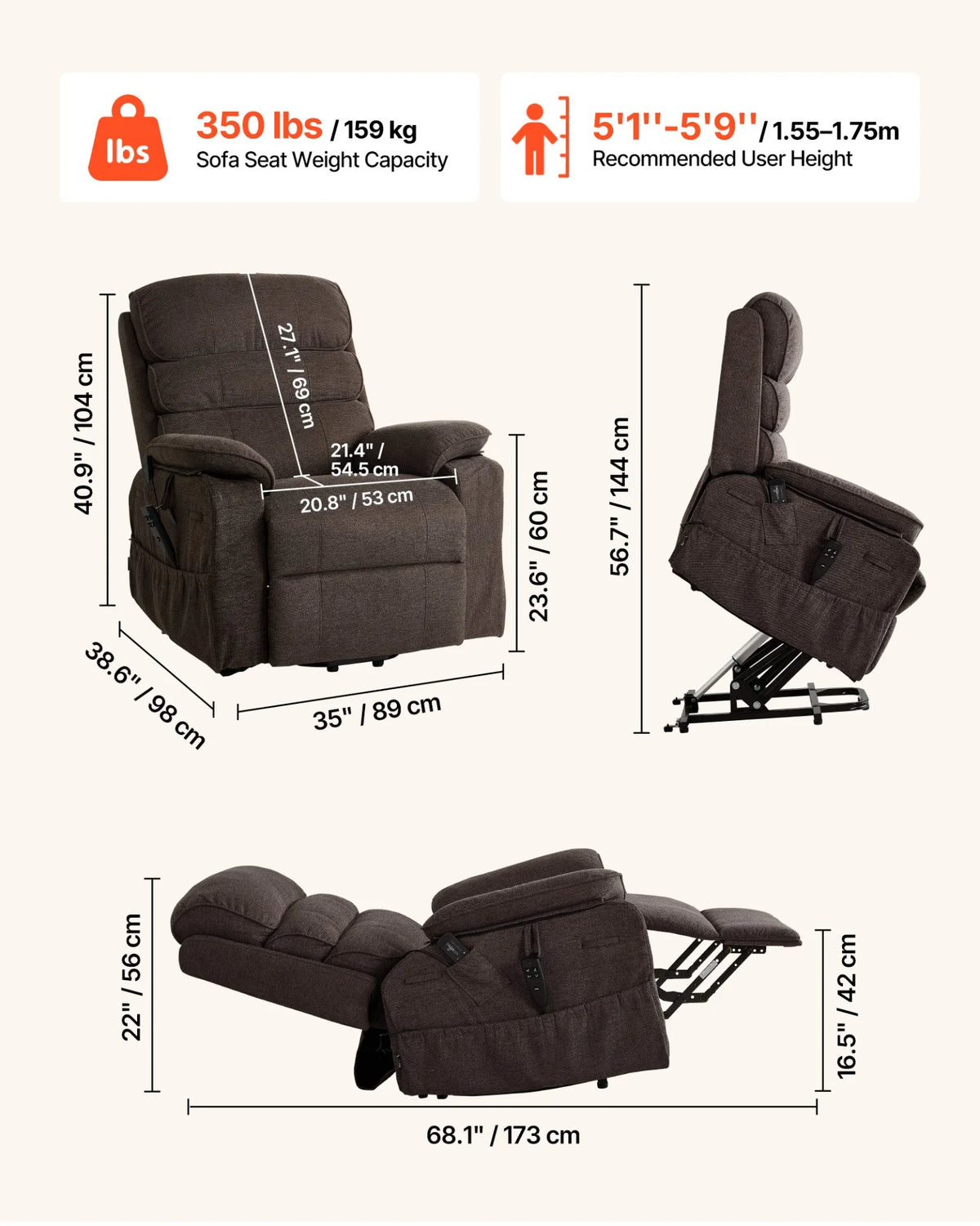 VEVOR Power Lift Recliner Chair, Dual Motor Medium Lift Chair with Heat and Massage for Elderly, Position - view 2