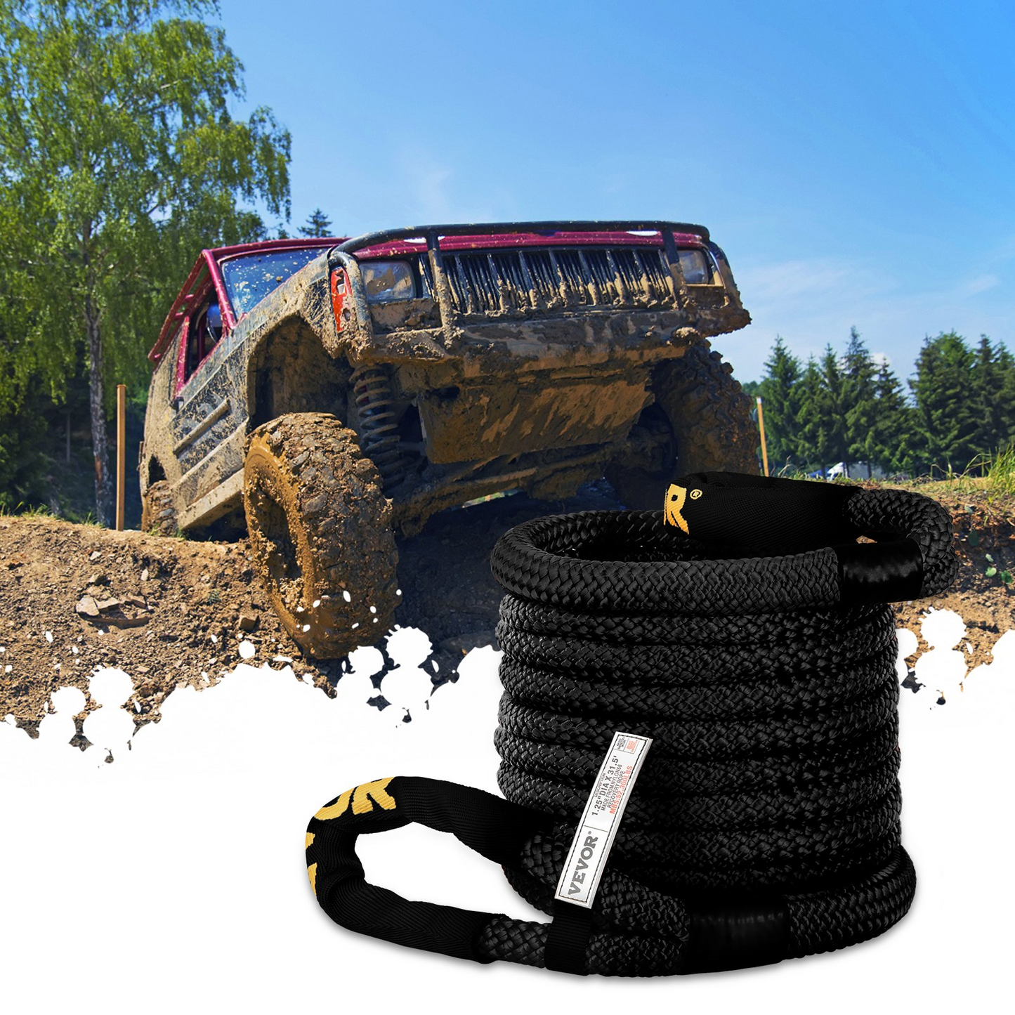 VEVOR 1-1/4" x 31.5' Kinetic Recovery & Tow Rope, 52,300 lbs, Heavy Duty Nylon Double Braided Kinetic Energy Rope, for Truck Off-Road Vehicle ATV UTV, Carry Bag Included, Black