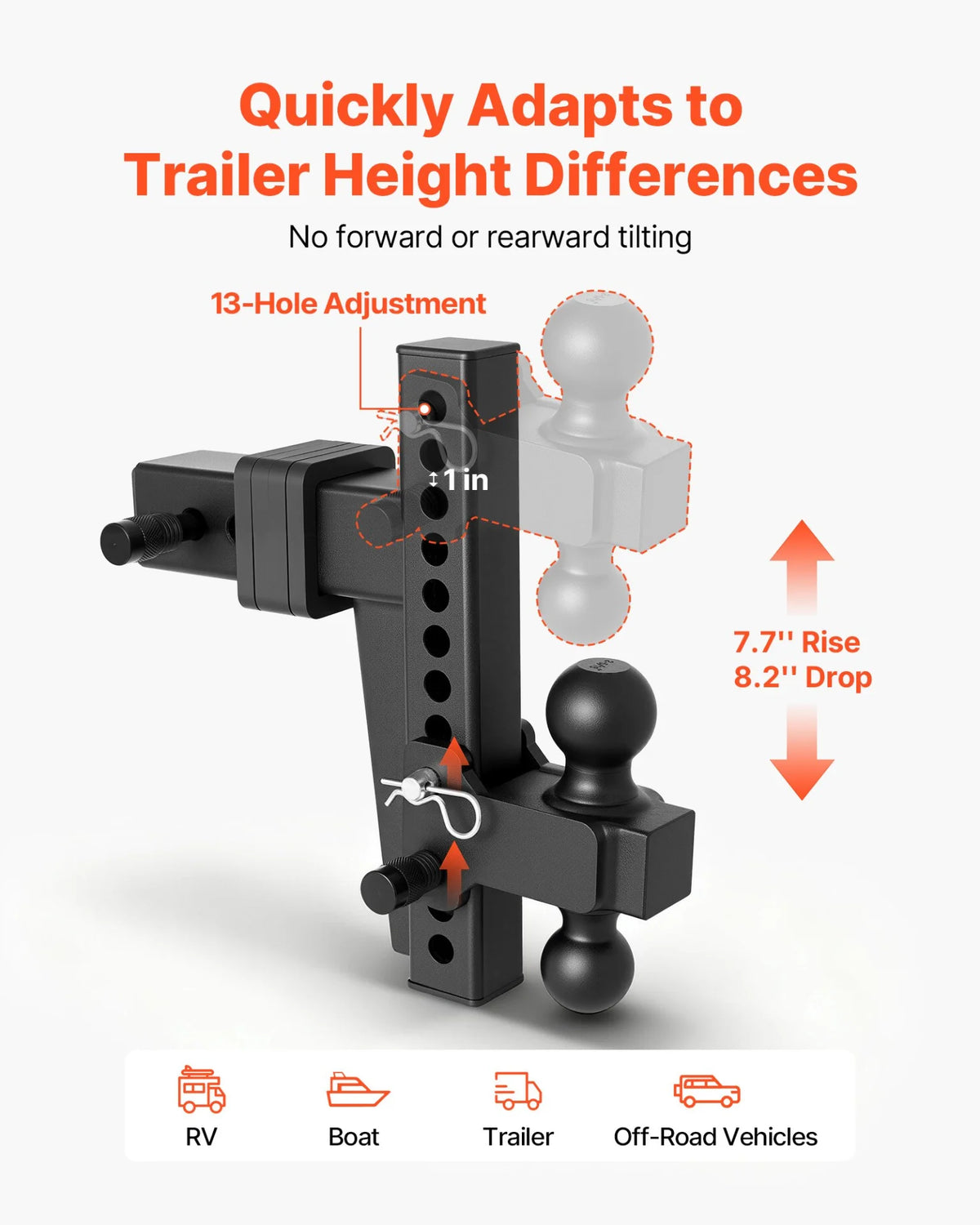VEVOR Adjustable Trailer Hitch, Fit 2.5 Inch Receiver, Trailer Hitch Mount with 2 Inch & 2-5/16 Inch Balls - view 3