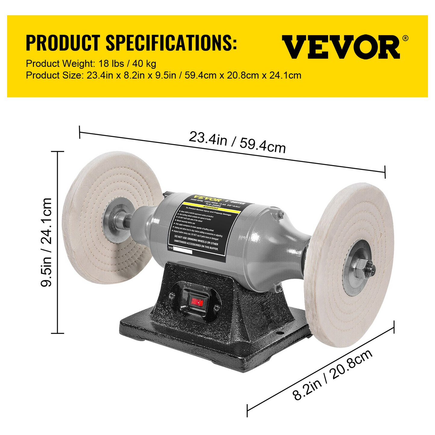 VEVOR Bench Buffer Polisher, 8 inch Buffing Machine 370W Motor with 3450 RPM, Heavy Duty Benchtop Lathe Polishing Machine for Jewelry, Wood, Silver, Amber, Metal, Jade