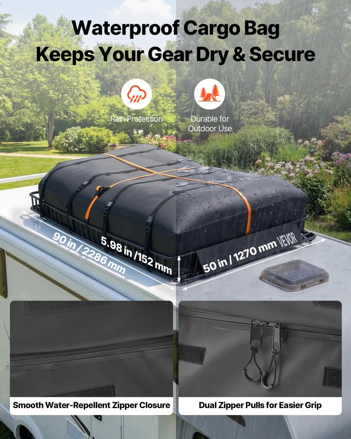 VEVOR Roof Rack Cargo Basket, 90 x 50 x 6 in, Heavy Duty Roof Top Carrier Basket with Waterproof Rooftop Bag - view 4