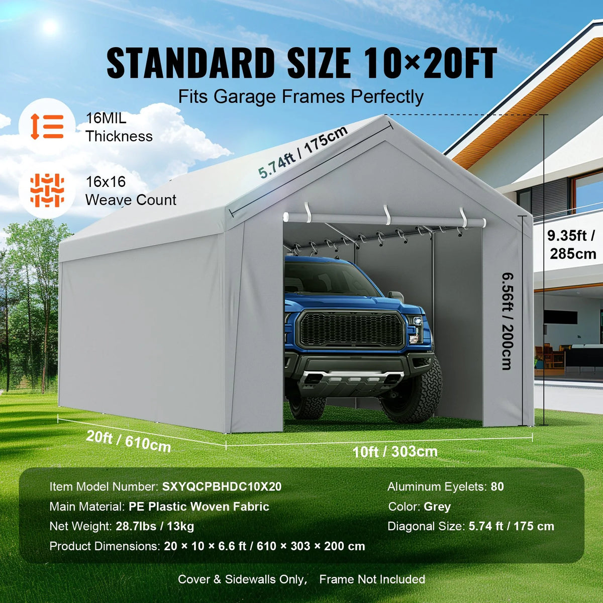 VEVOR Carport Replacement Canopy Cover Top + Side Wall 10 x 20 ft - view 4