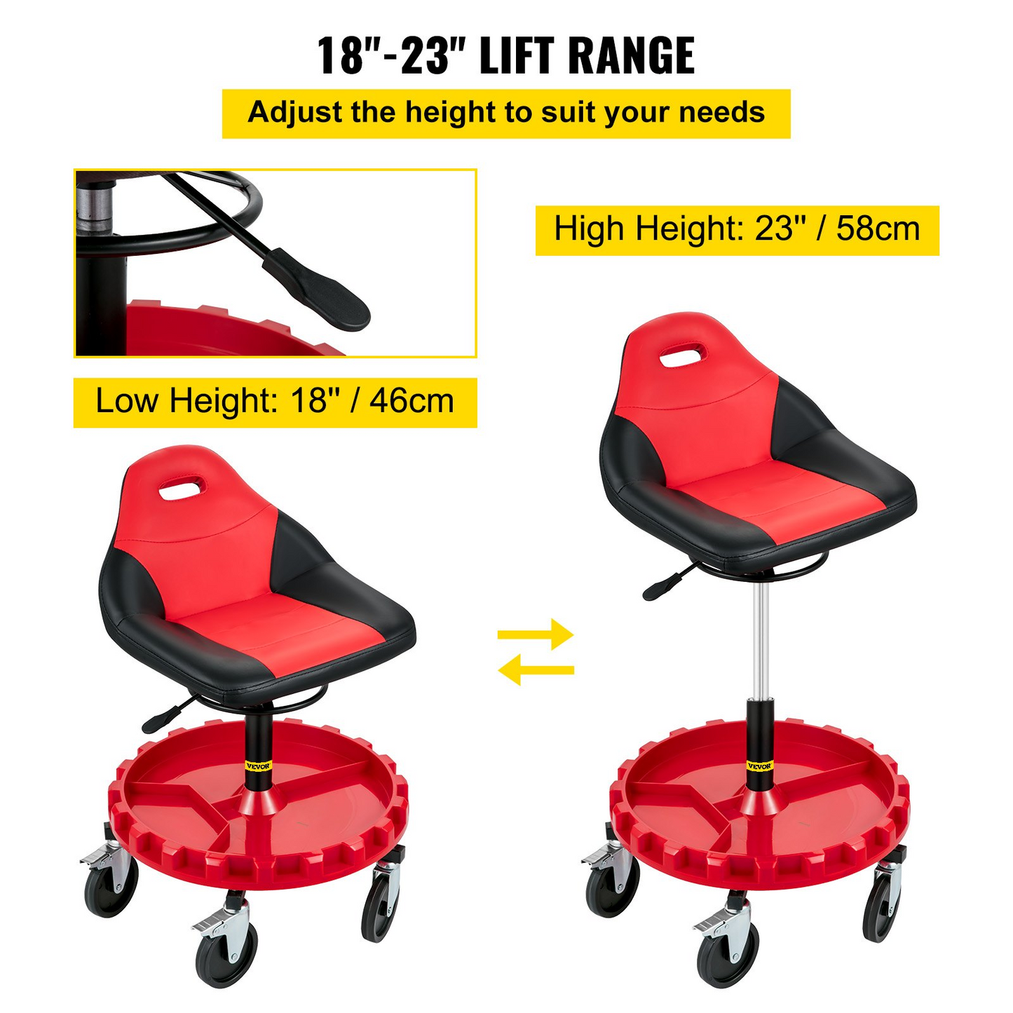 VEVOR Rolling Gear Seat, 300LBS Capacity, 18"-23" Height Adjustable, Mobile Mechanic Garage Stool with Tool Tray and 5" Casters, Pneumatic Stool for Workshop, Garage, Auto Repair Shop