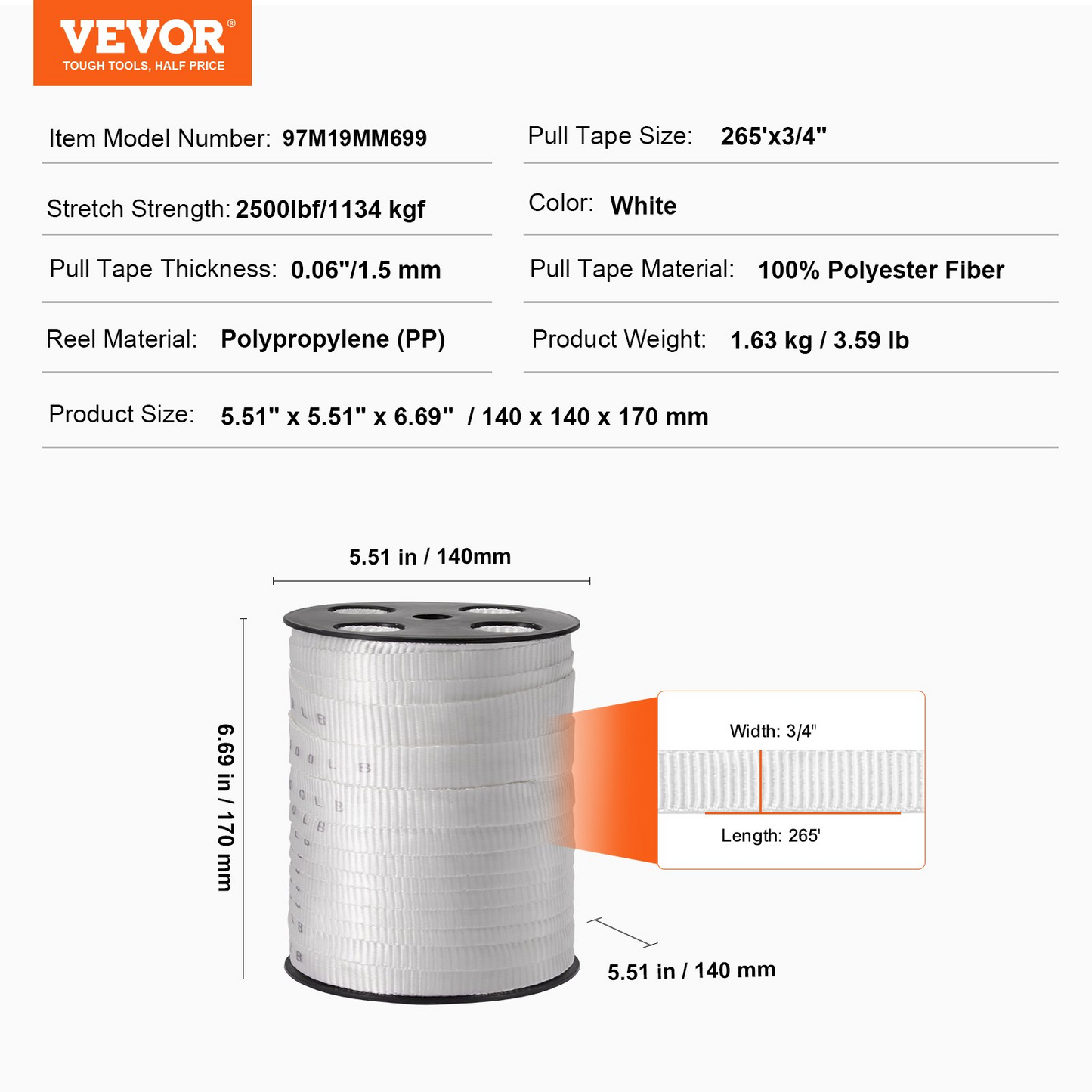 VEVOR Polyester Pull Tape, 3/4" x 265' Mule Tape Flat Rope, 2500 lbf Tensile Capacity, Printed Webbing Cable Pulling Tape for Packaging, Gardening, Commercial Electrical, Conduit Work, White