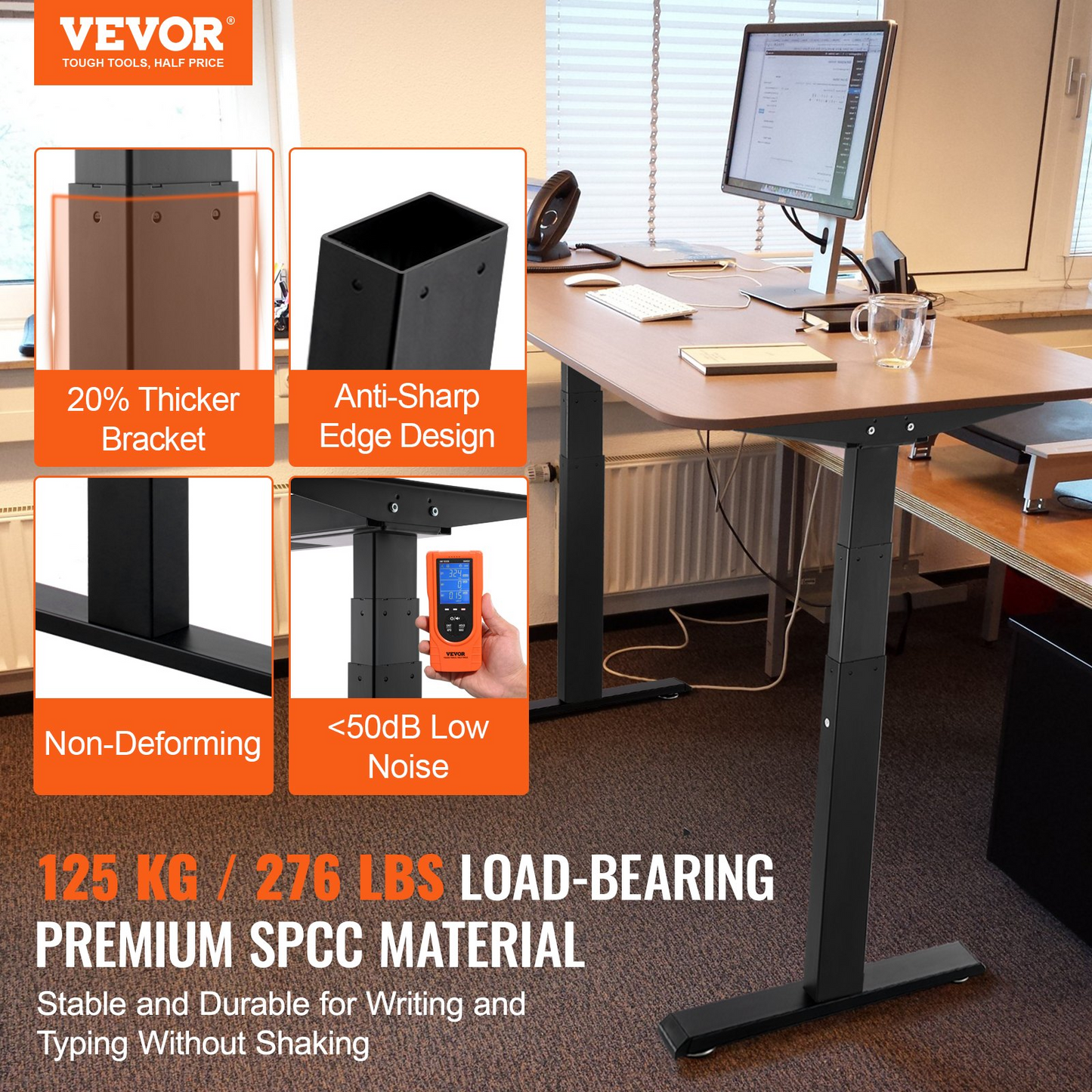 VEVOR Standing Desk Frame Dual Motor, Adjustable 26"-50.8" Height & 43.3"-70.1" Length Electric Stand Up Computer Desk Legs, Ergonomic Workstation Base for Home Office 3 Positions (Black Frame Only)