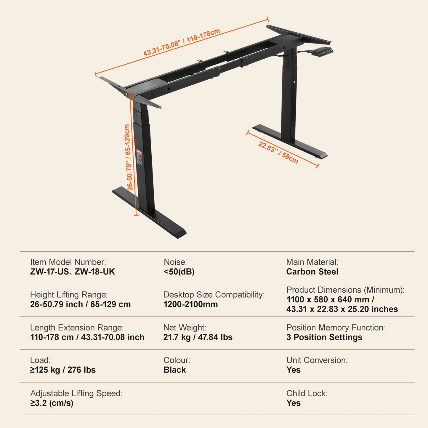 VEVOR Standing Desk Frame Dual Motor, Adjustable 26"-50.8" Height & 43.3"-70.1" Length Electric Stand Up Computer Desk Legs, Ergonomic Workstation Base for Home Office 3 Positions (Black Frame Only)