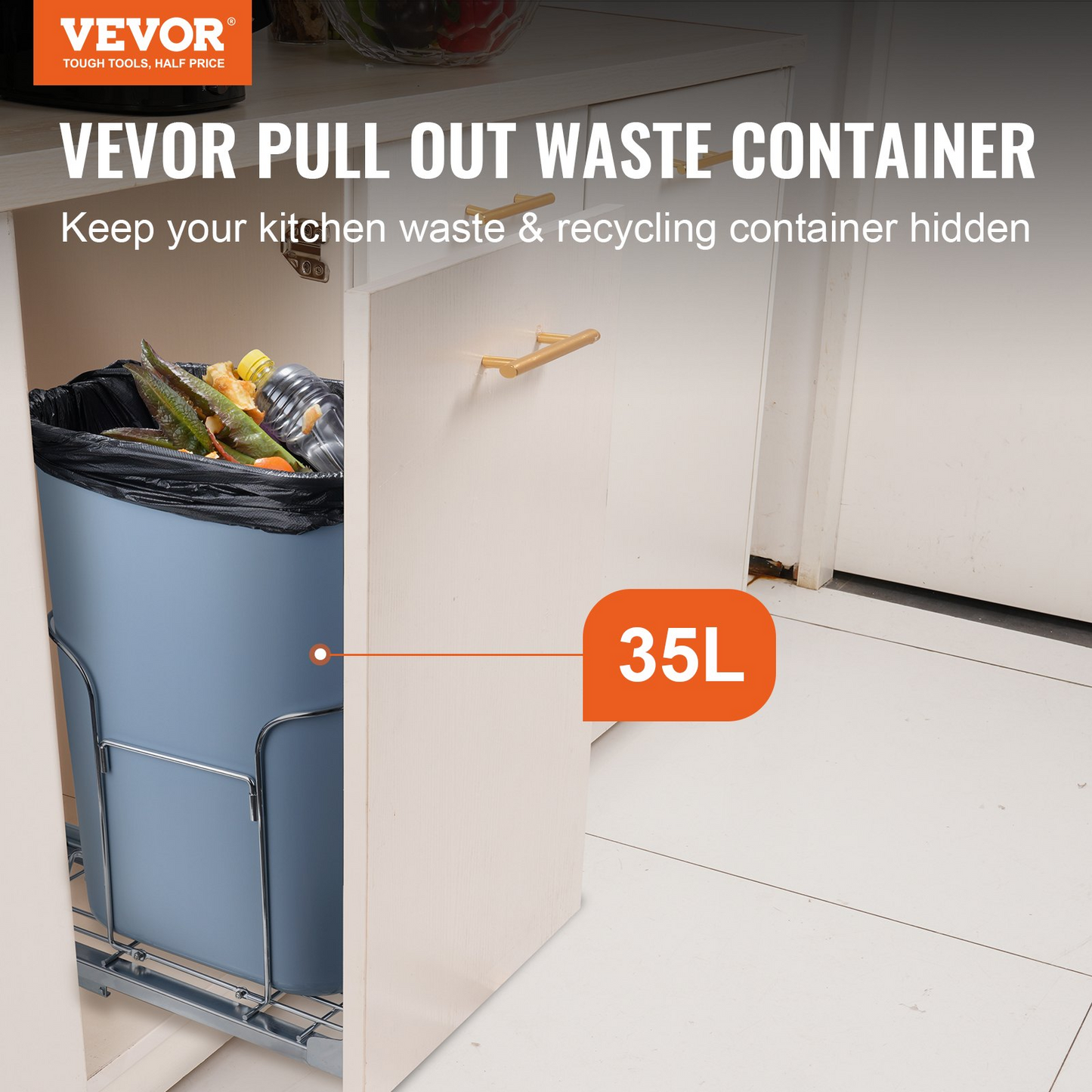 VEVOR Pull-Out Trash Can, 35L Single Bin, Under Mount Kitchen Waste Container with Slide, Handle and Door Mounting Kit, 110 lbs Load Capacity Heavy Duty Garbage Recycling Bin for Kitchen Cabinet, Sink