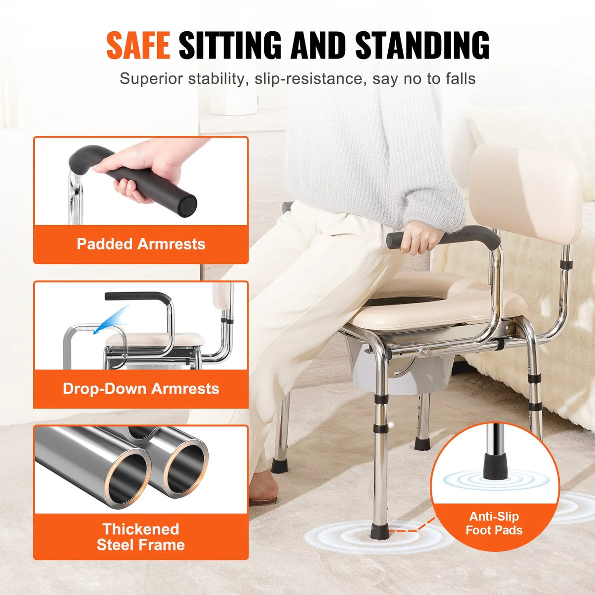 VEVOR Commode Chair, Bedside Commode with Padded Seat, Drop-Down Arms, 7-Level Adjustable Height, 5.8L - view 2