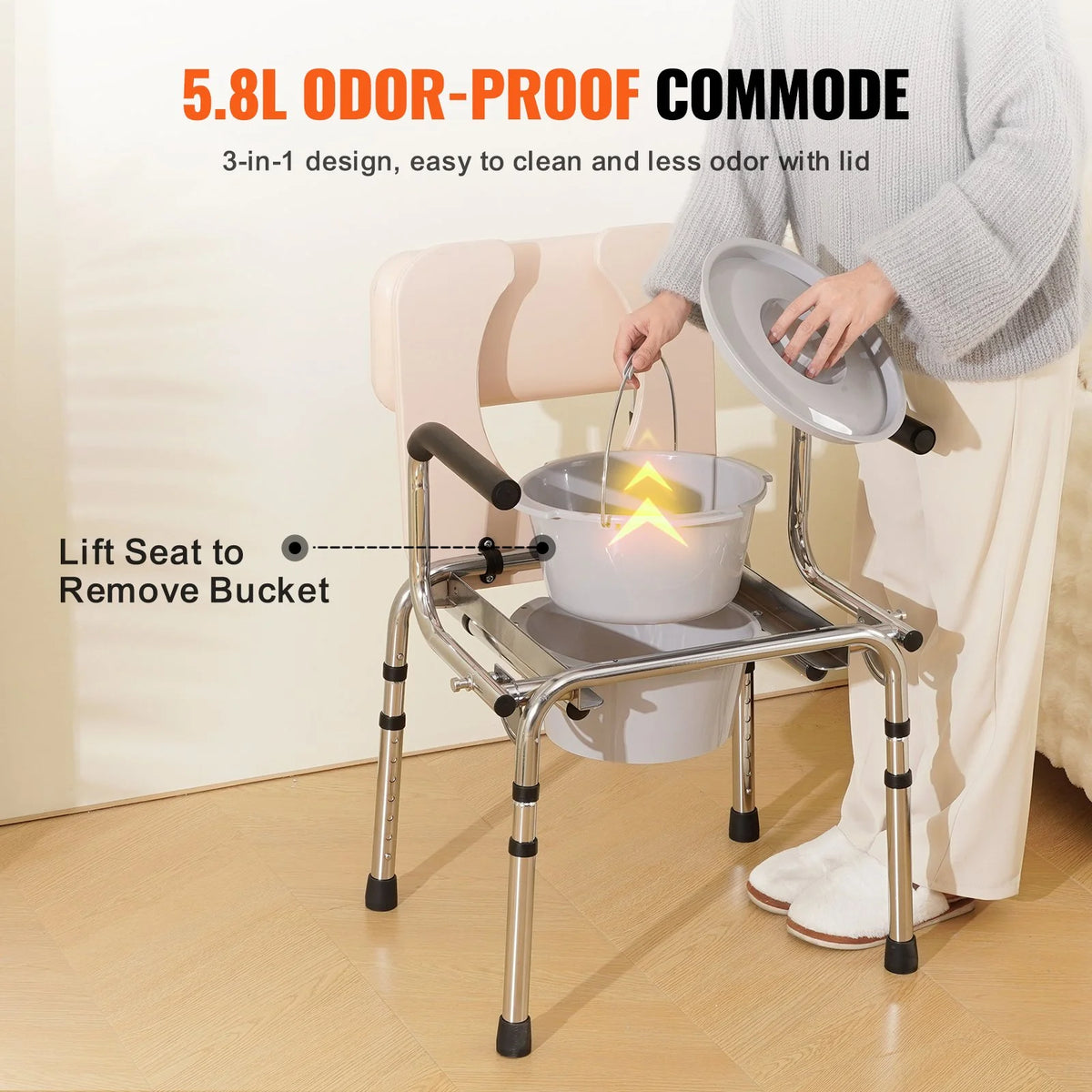 VEVOR Commode Chair, Bedside Commode with Padded Seat, Drop-Down Arms, 7-Level Adjustable Height, 5.8L - view 5