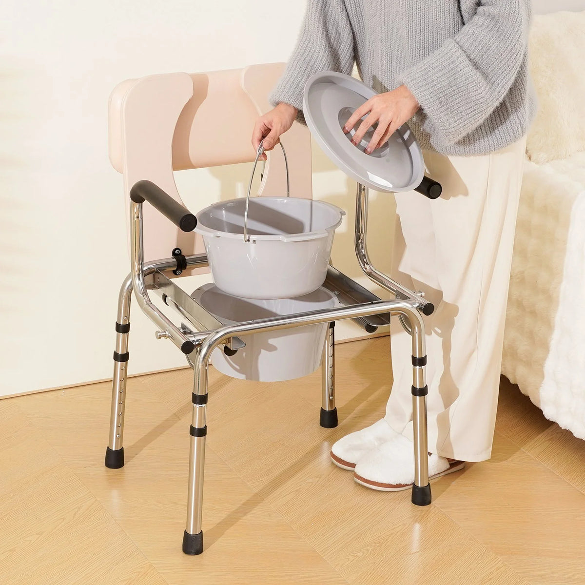 VEVOR Commode Chair, Bedside Commode with Padded Seat, Drop-Down Arms, 7-Level Adjustable Height, 5.8L - view 7