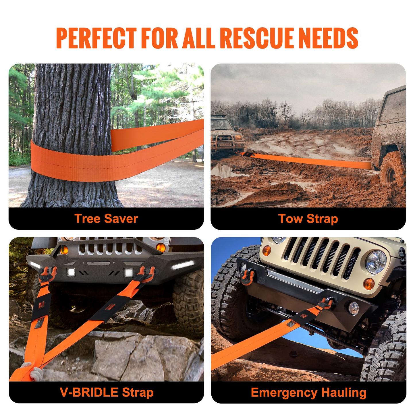 VEVOR Recovery Tow Strap 4" x 30', 46,500 lbs Break Strength, Triple Reinforced Loop Straps, Tree Saver, Off Road Towing and Recovery, Extreme Weather Resistance, Protective Sleeves & Storage Bag