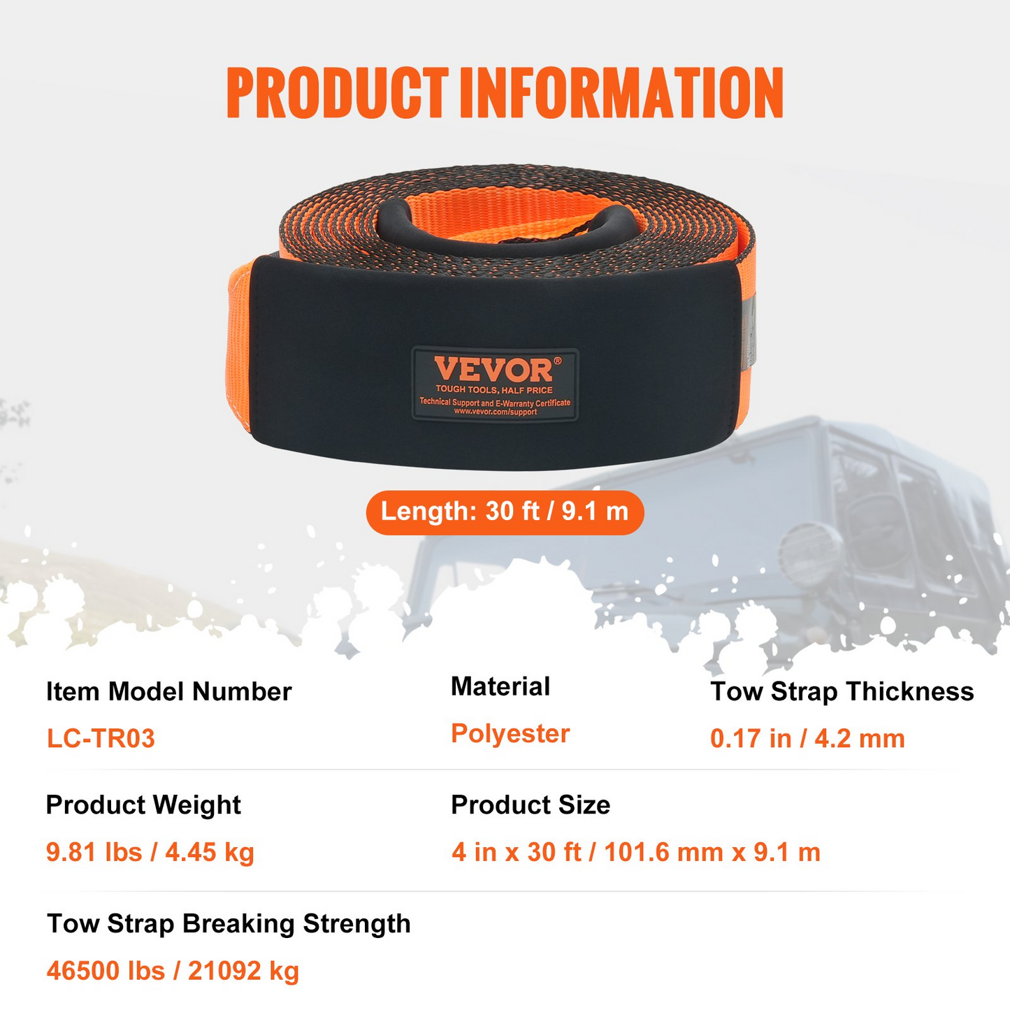 VEVOR Recovery Tow Strap 4" x 30', 46,500 lbs Break Strength, Triple Reinforced Loop Straps, Tree Saver, Off Road Towing and Recovery, Extreme Weather Resistance, Protective Sleeves & Storage Bag