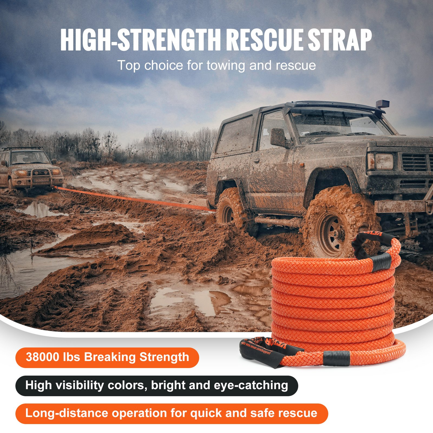 VEVOR 1" x 30' Kinetic Recovery Tow Rope 38,000 lbs, Heavy-Duty Off Road Snatch Strap, Extreme Duty 30% Elasticity Energy Snatch Strap for Jeep Car Truck ATV UTV SUV Tractor