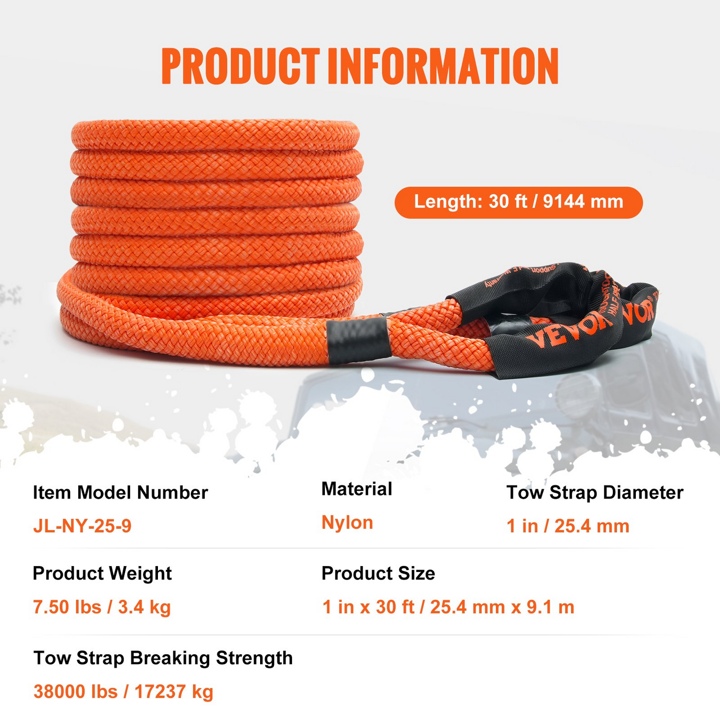 VEVOR 1" x 30' Kinetic Recovery Tow Rope 38,000 lbs, Heavy-Duty Off Road Snatch Strap, Extreme Duty 30% Elasticity Energy Snatch Strap for Jeep Car Truck ATV UTV SUV Tractor