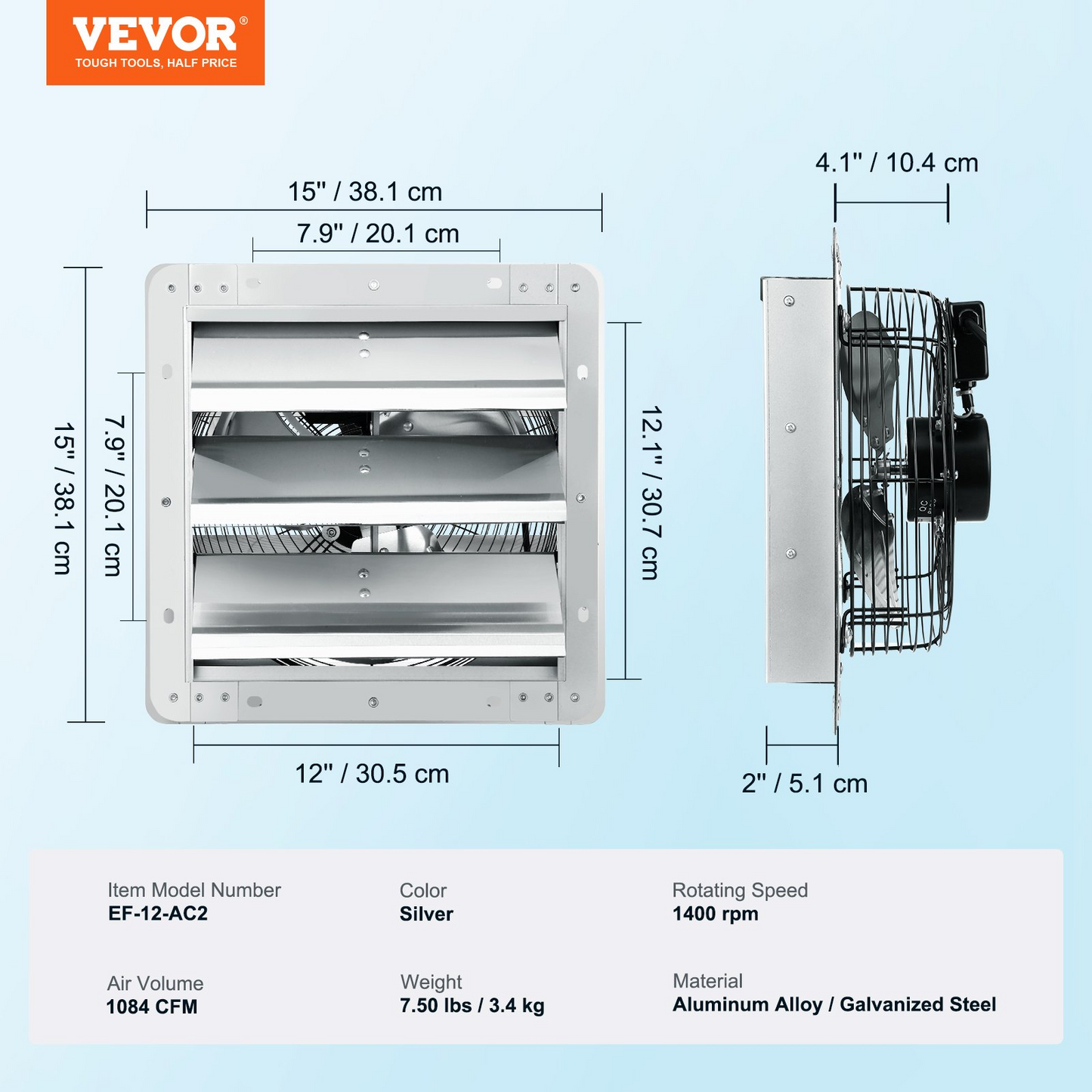 VEVOR 12'' Shutter Exhaust Fan, High-speed 1000 CFM, Aluminum Wall Mount Attic Fan with AC-motor, Ventilation and Cooling for Greenhouses, Garages, Sheds, Shops, FCC