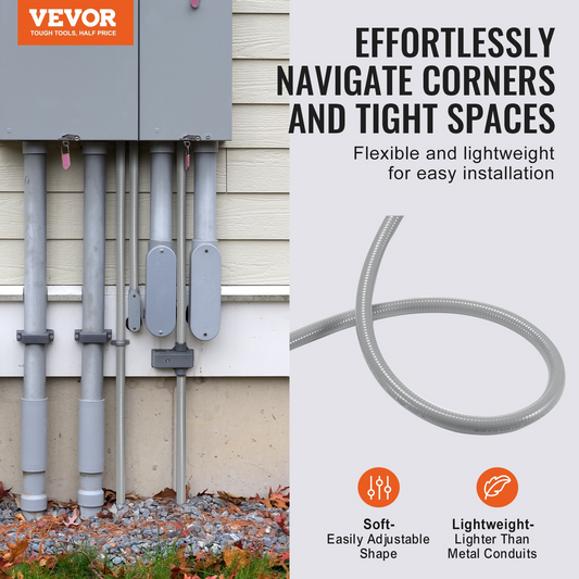 VEVOR 1-Inch Flexible Electrical Conduit, 100 ft, PVC Liquid-Tight Conduit Non-Metallic with 5 Straight and 5 90-Degree Conduit Connector Fittings, for Air Conditioning Motor Controller Pump, IP65