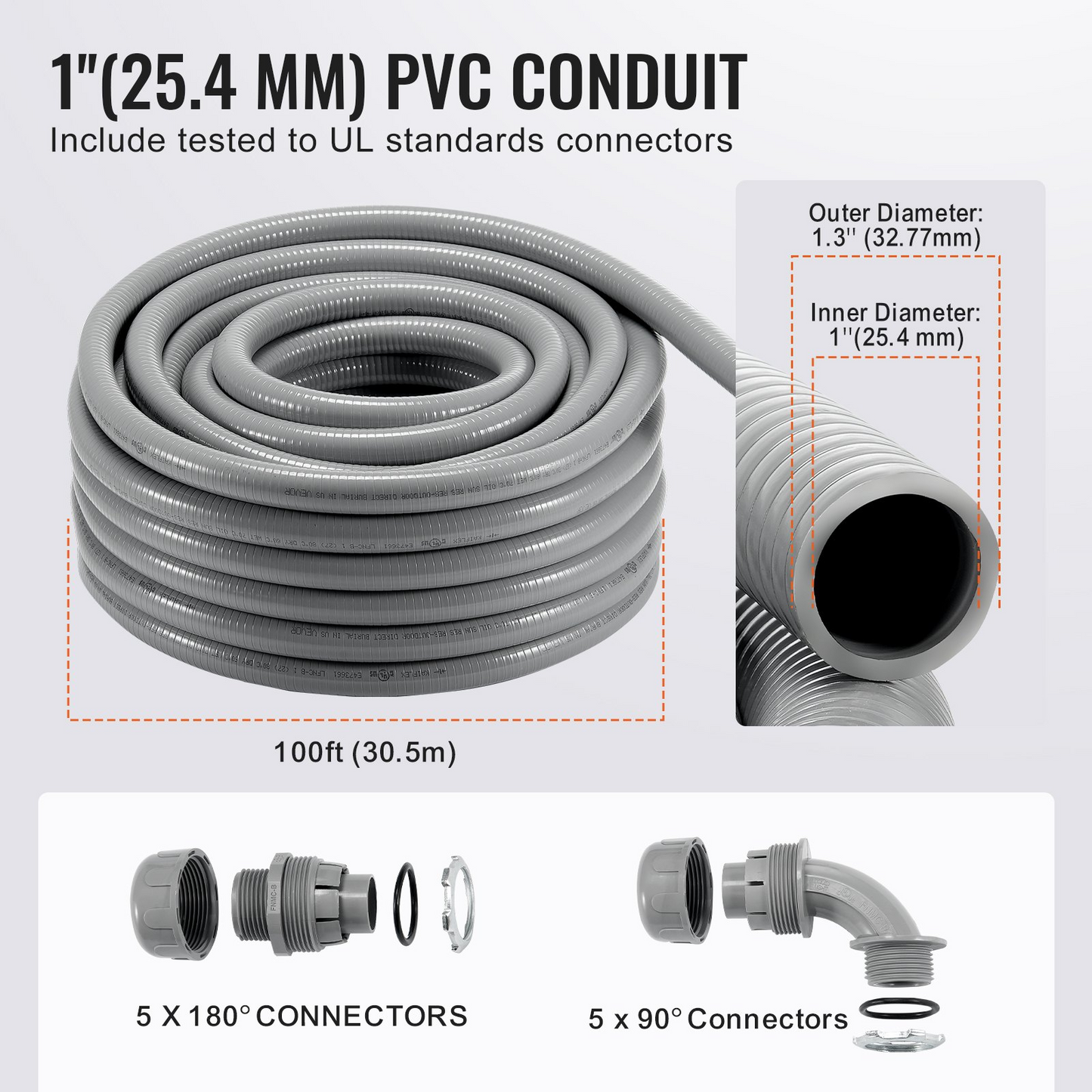 VEVOR 1-Inch Flexible Electrical Conduit, 100 ft, PVC Liquid-Tight Conduit Non-Metallic with 5 Straight and 5 90-Degree Conduit Connector Fittings, for Air Conditioning Motor Controller Pump, IP65