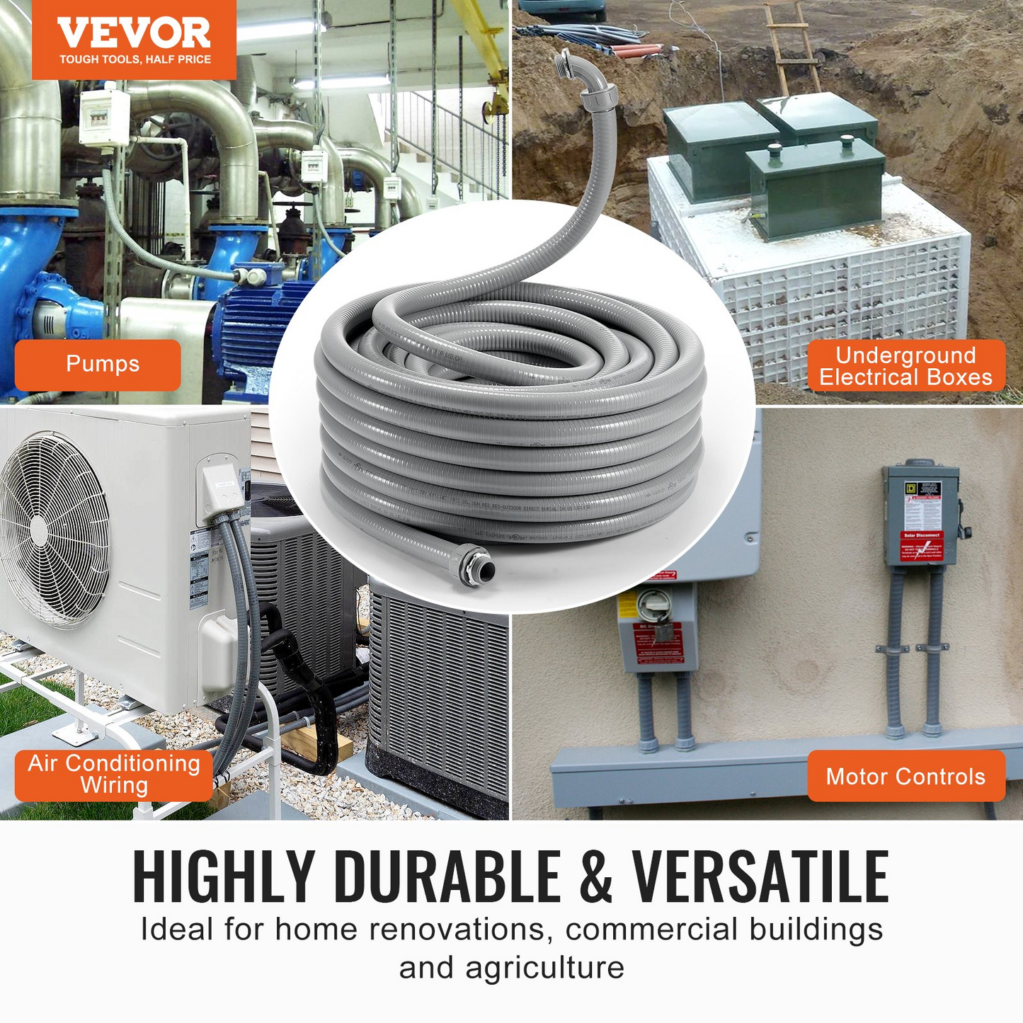 VEVOR 1-Inch Flexible Electrical Conduit, 100 ft, PVC Liquid-Tight Conduit Non-Metallic with 5 Straight and 5 90-Degree Conduit Connector Fittings, for Air Conditioning Motor Controller Pump, IP65