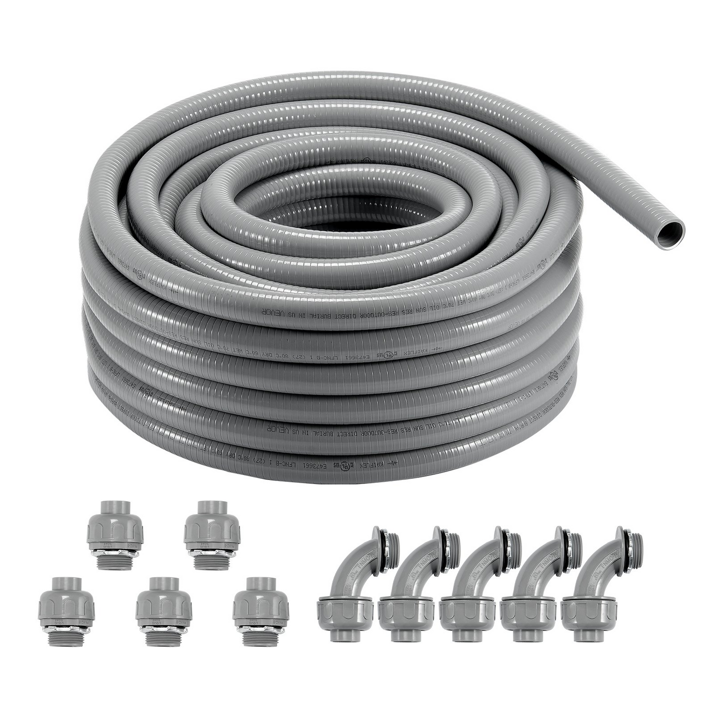 VEVOR 1-Inch Flexible Electrical Conduit, 100 ft, PVC Liquid-Tight Conduit Non-Metallic with 5 Straight and 5 90-Degree Conduit Connector Fittings, for Air Conditioning Motor Controller Pump, IP65