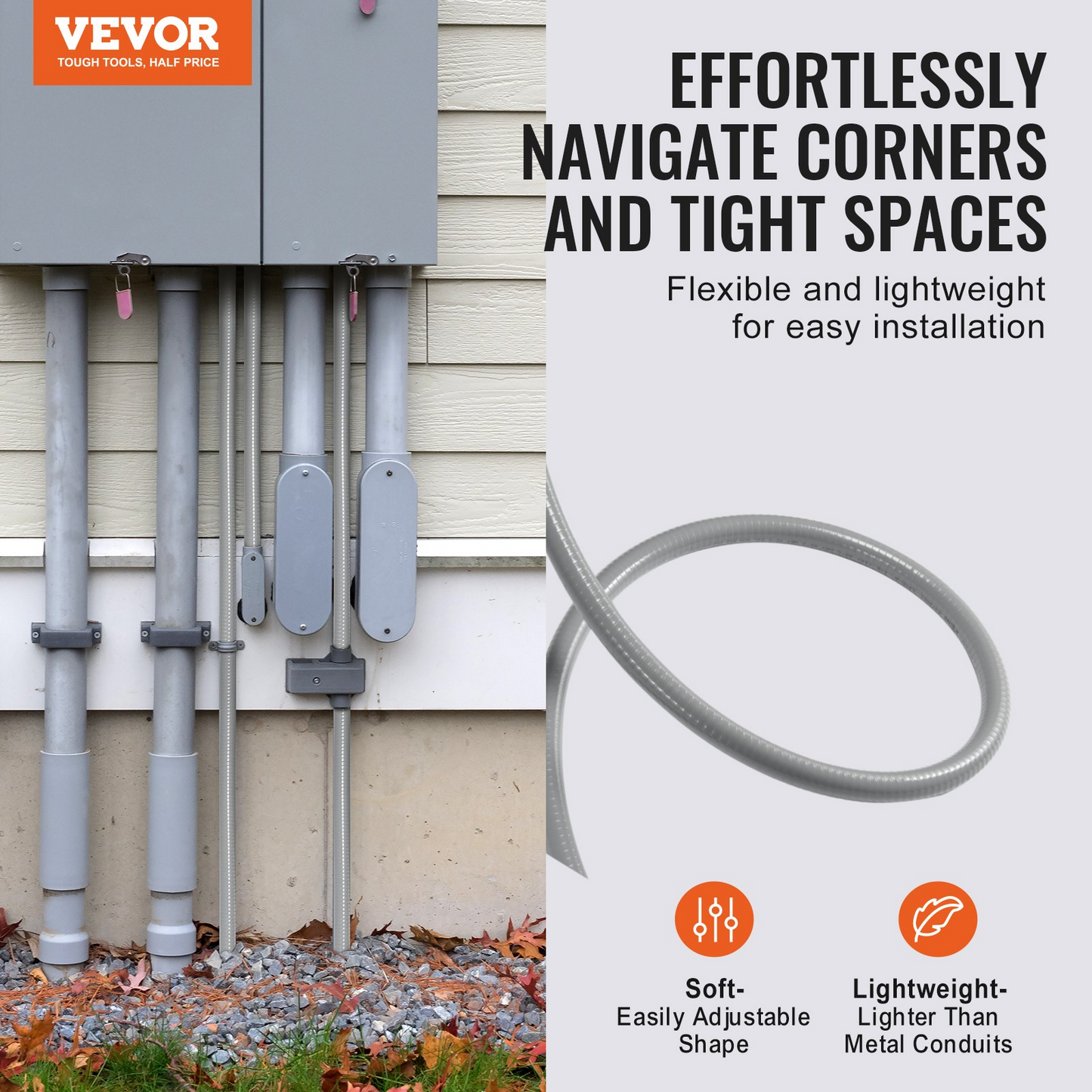 VEVOR 1/2-Inch Flexible Electrical Conduit, 100 ft, PVC Liquid-Tight Conduit Non-Metallic with 5 Straight and 5 90-Degree Conduit Connector Fittings, for Air Conditioning Motor Controller Pump, IP65