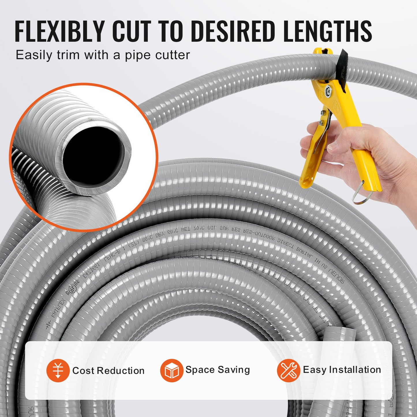 VEVOR 1/2-Inch Flexible Electrical Conduit, 100 ft, PVC Liquid-Tight Conduit Non-Metallic with 5 Straight and 5 90-Degree Conduit Connector Fittings, for Air Conditioning Motor Controller Pump, IP65