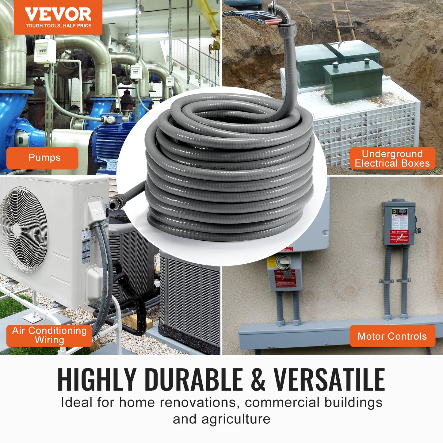 VEVOR 1/2-Inch Flexible Electrical Conduit, 100 ft, PVC Liquid-Tight Conduit Non-Metallic with 5 Straight and 5 90-Degree Conduit Connector Fittings, for Air Conditioning Motor Controller Pump, IP65