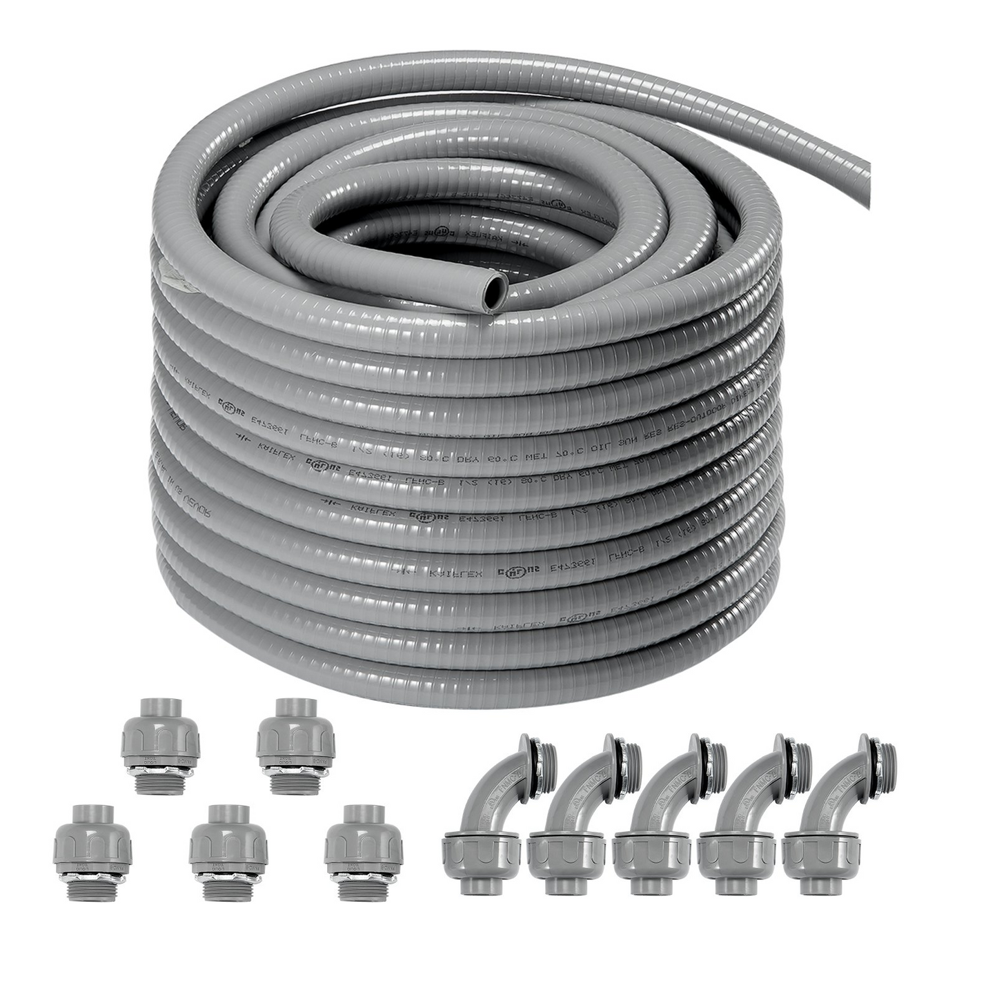 VEVOR 1/2-Inch Flexible Electrical Conduit, 100 ft, PVC Liquid-Tight Conduit Non-Metallic with 5 Straight and 5 90-Degree Conduit Connector Fittings, for Air Conditioning Motor Controller Pump, IP65