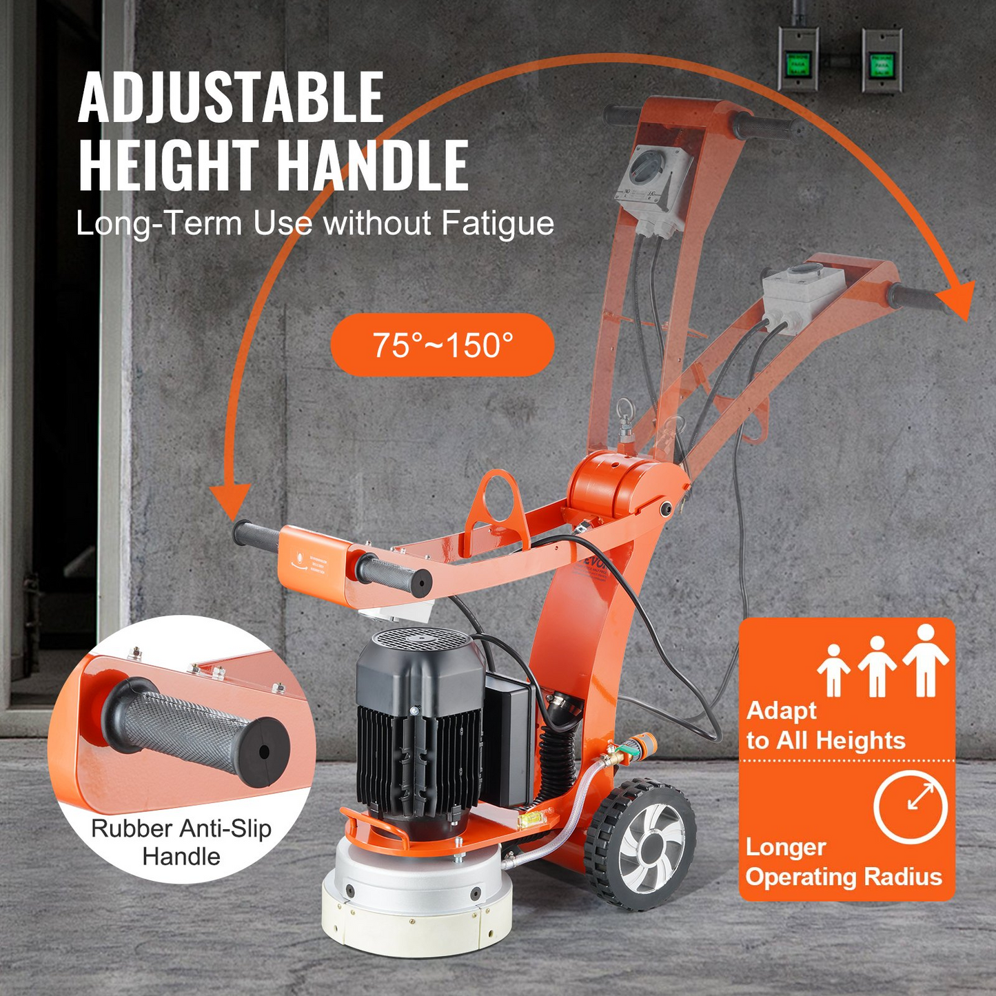 VEVOR Electric Concrete Floor Grinder 10" Walk-Behind Grinder 1.7HP Concrete Floor Polisher, 1300W Grinding Machine, 1720RPM Upgrade Brushless Motor Surfacing Grinder for Granite/Marble/Stones