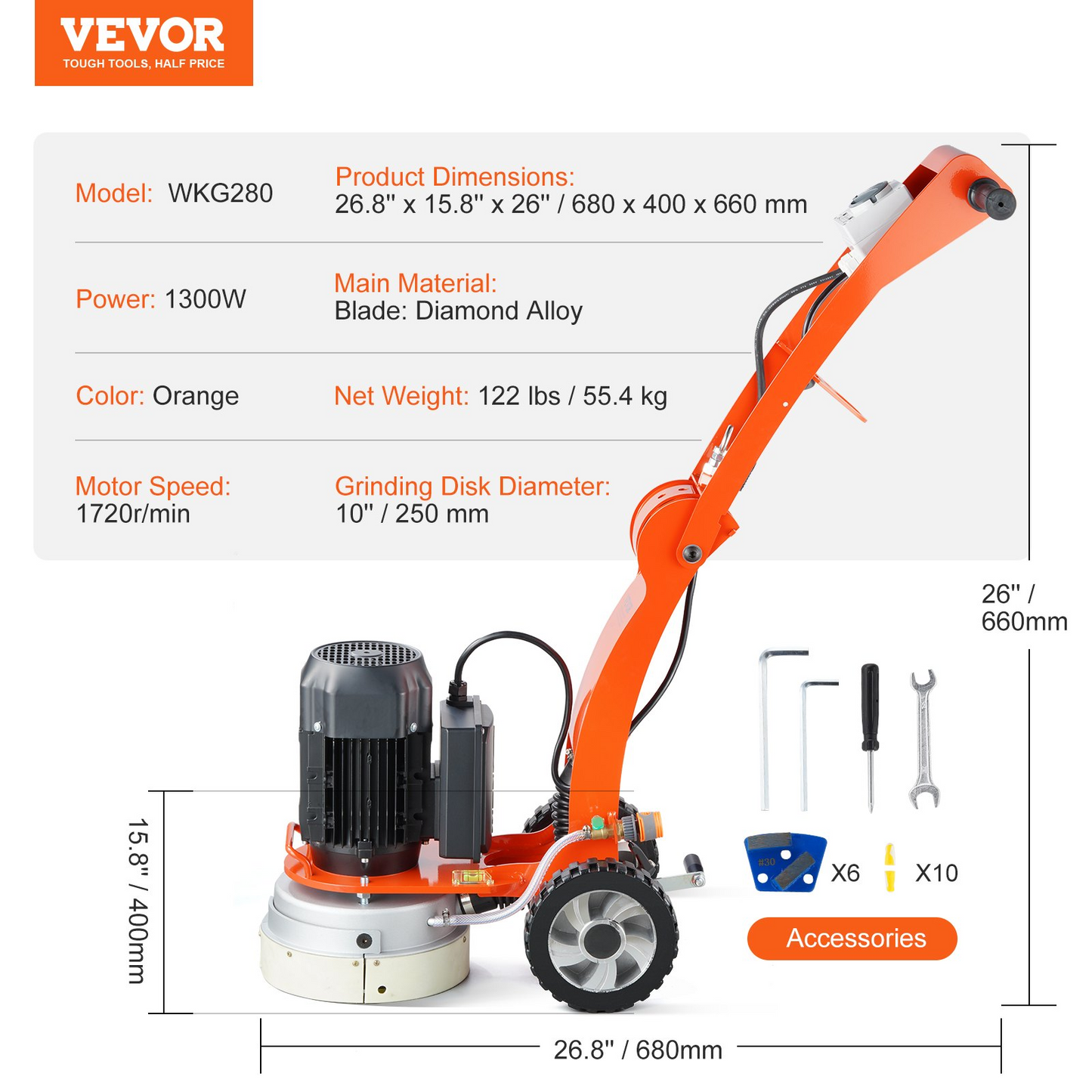 VEVOR Electric Concrete Floor Grinder 10" Walk-Behind Grinder 1.7HP Concrete Floor Polisher, 1300W Grinding Machine, 1720RPM Upgrade Brushless Motor Surfacing Grinder for Granite/Marble/Stones