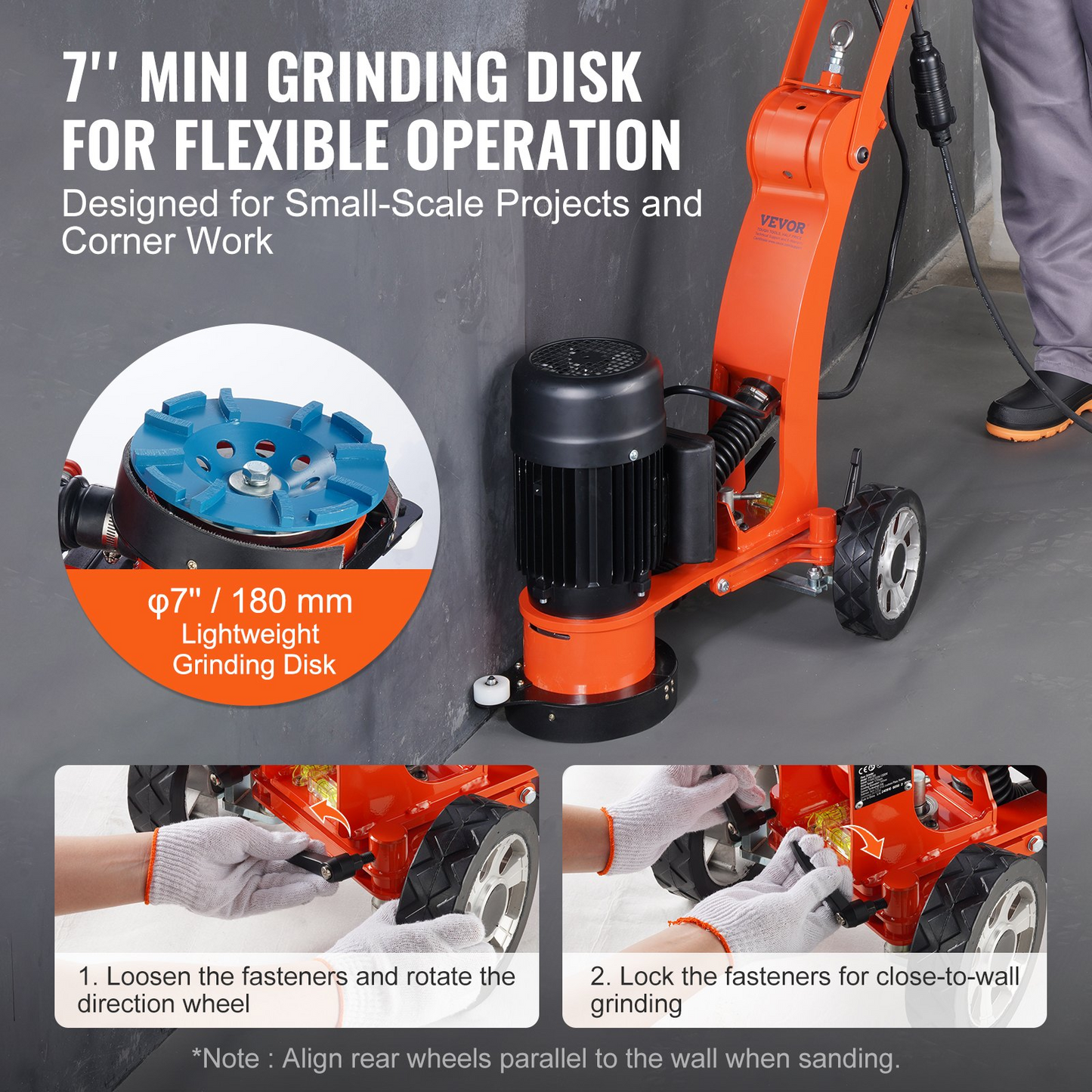 VEVOR Electric Concrete Floor Grinder 7" Walk-Behind Grinder 1.7HP Concrete Floor Polisher, 1300W Grinding Machine, 1720RPM Upgrade Brushless Motor Surfacing Grinder for Granite/Marble/Stones