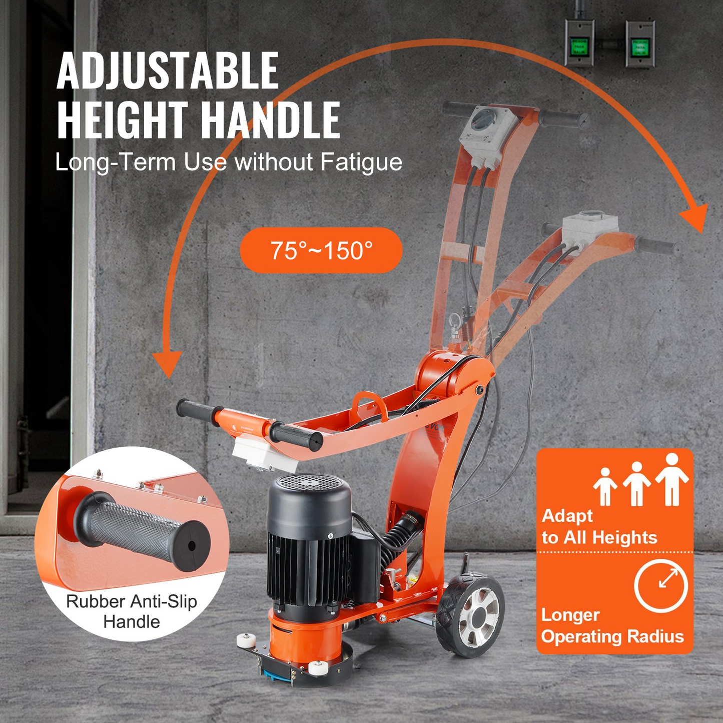 VEVOR Electric Concrete Floor Grinder 7" Walk-Behind Grinder 1.7HP Concrete Floor Polisher, 1300W Grinding Machine, 1720RPM Upgrade Brushless Motor Surfacing Grinder for Granite/Marble/Stones