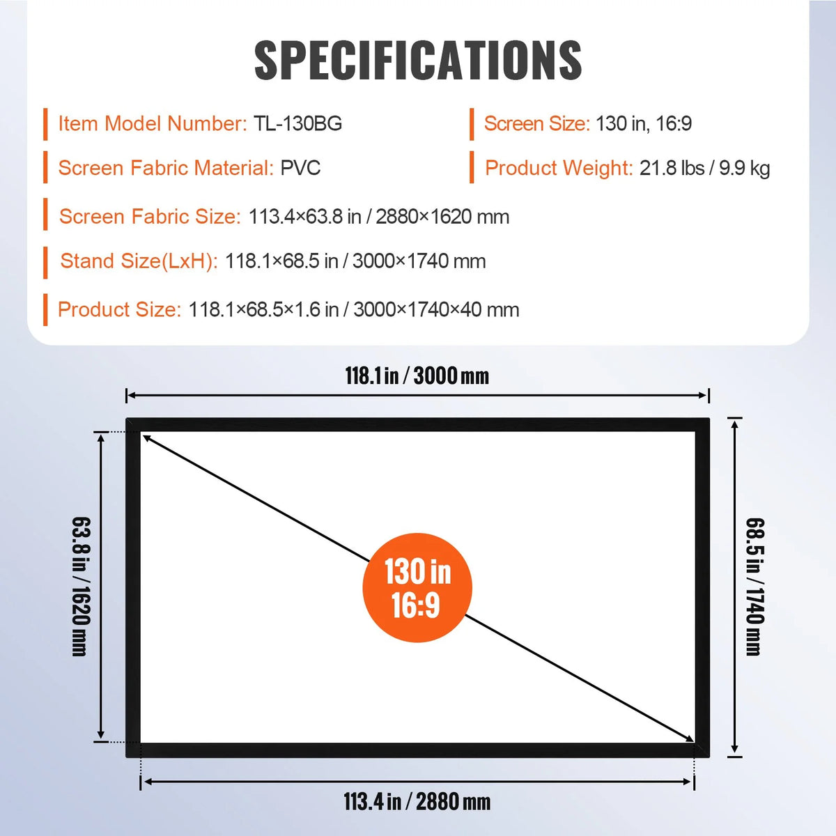 VEVOR Projector Screen Fixed Frame 130inch Diagonal 16:9 Movie Projector Screen 4K HD with Aluminum Frame - view 6