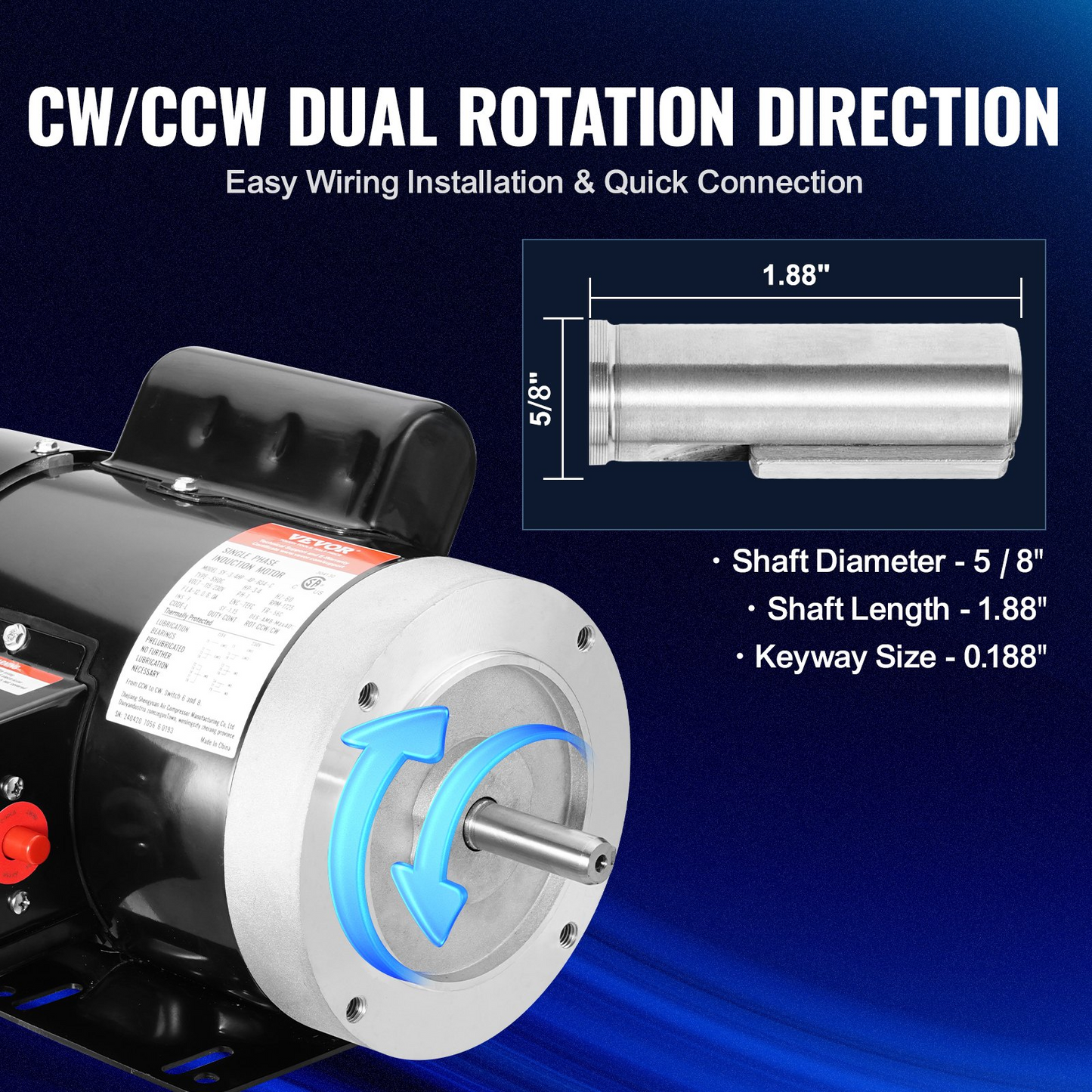 VEVOR 0.75HP Electric Motor 1725 rpm, AC 115V/230V, 56C Frame, Air Compressor Motor Single Phase, 5/8" Keyed Shaft, CW/CCW Rotation for Agricultural Machinery and General Equipment