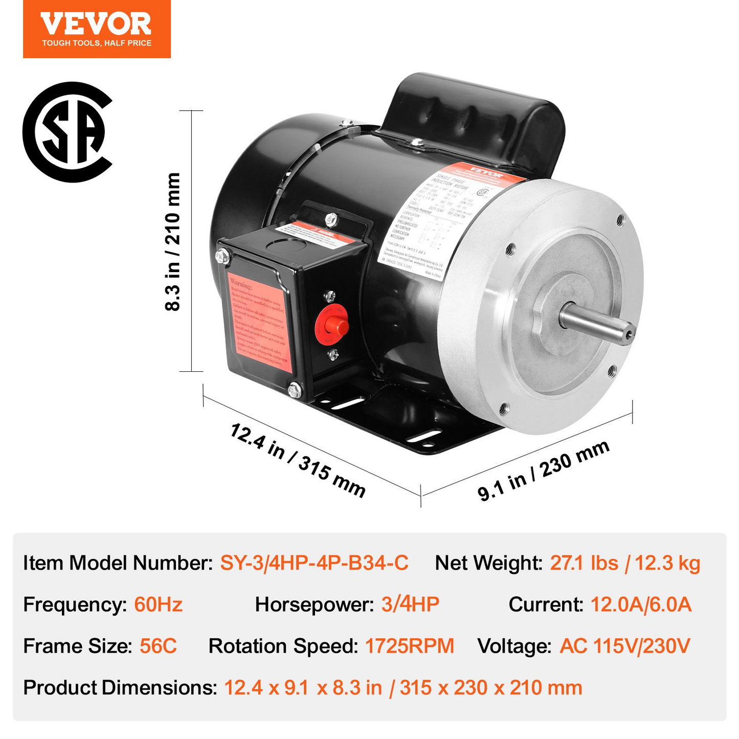 VEVOR 0.75HP Electric Motor 1725 rpm, AC 115V/230V, 56C Frame, Air Compressor Motor Single Phase, 5/8" Keyed Shaft, CW/CCW Rotation for Agricultural Machinery and General Equipment