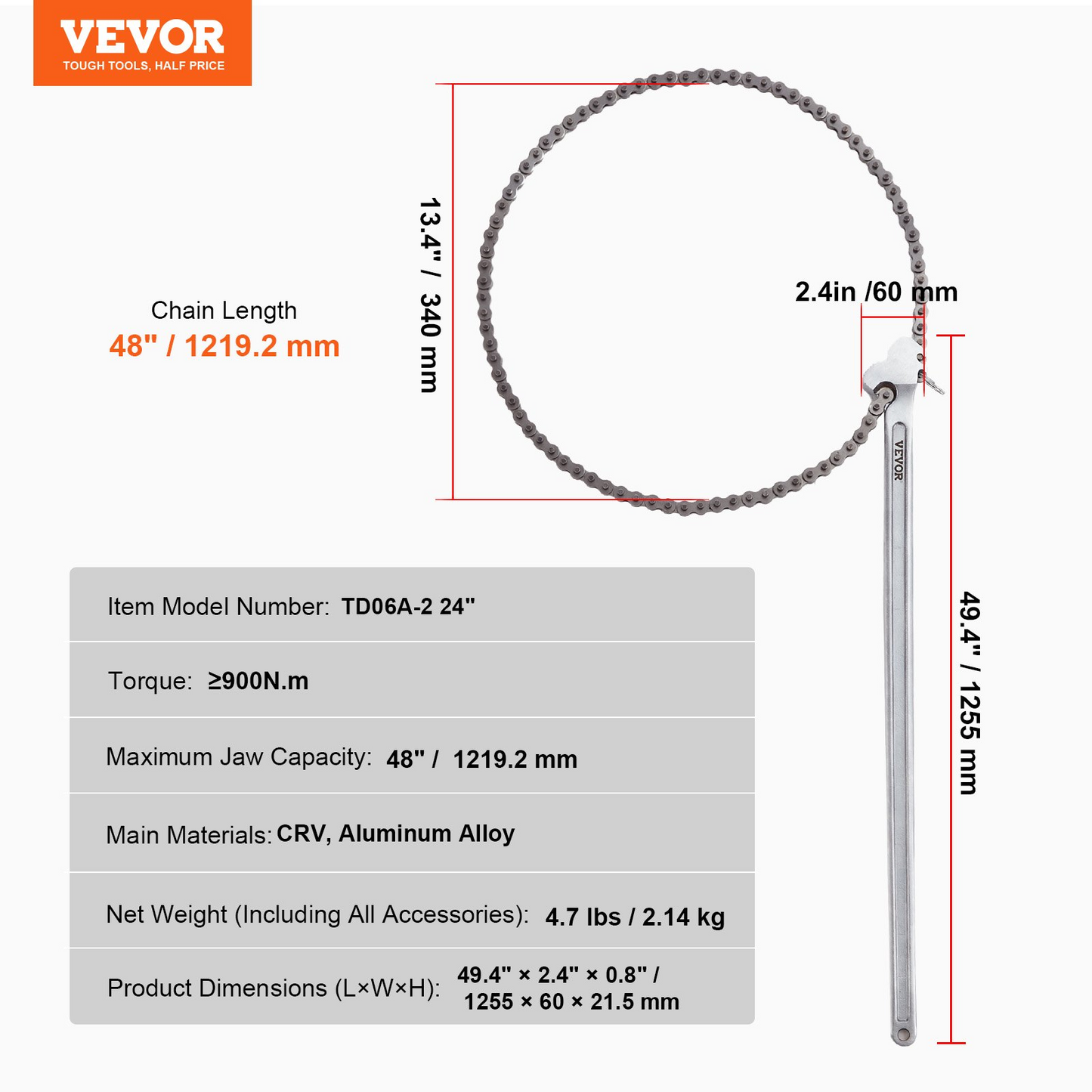 VEVOR Chain Wrench, 48 inch Chain Pipe Wrench, 13.4 inch Diameter Capacity, CRV Reversible Pipe Fitting Tool Wrench with High Strength Jaw and Ergonomic Handle, for Pipe Installation and Car Repair