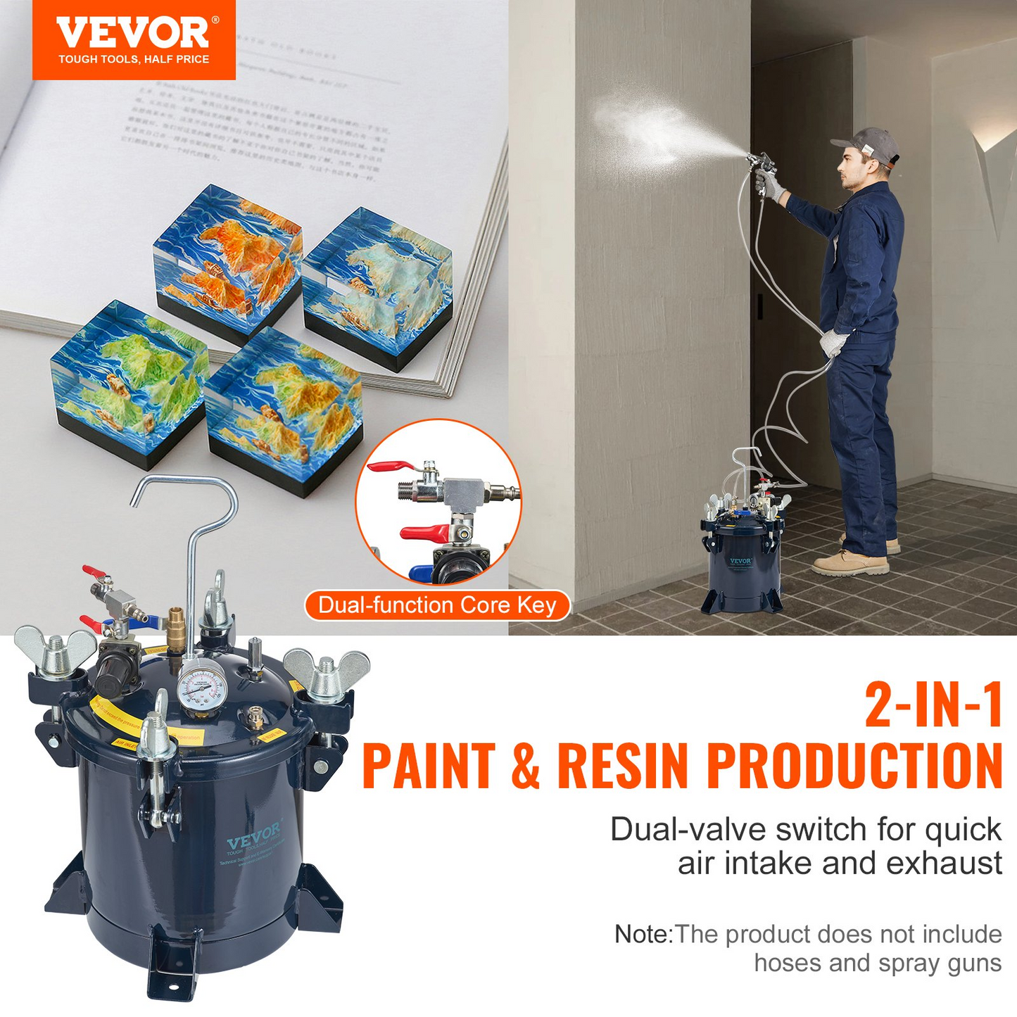 VEVOR 10L/2.5gal Spray Paint Pressure Pot Tank,  70PSI Max Air Paint Pressure Pot, Metal Rack and Leak Repair Sealant for Industry Home Decor Architecture Construction Automotive Painting