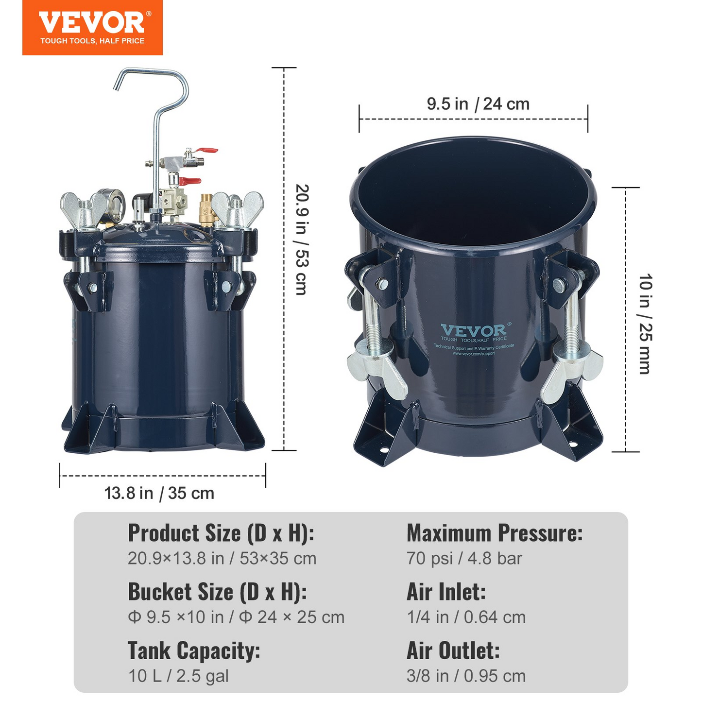 VEVOR 10L/2.5gal Spray Paint Pressure Pot Tank,  70PSI Max Air Paint Pressure Pot, Metal Rack and Leak Repair Sealant for Industry Home Decor Architecture Construction Automotive Painting