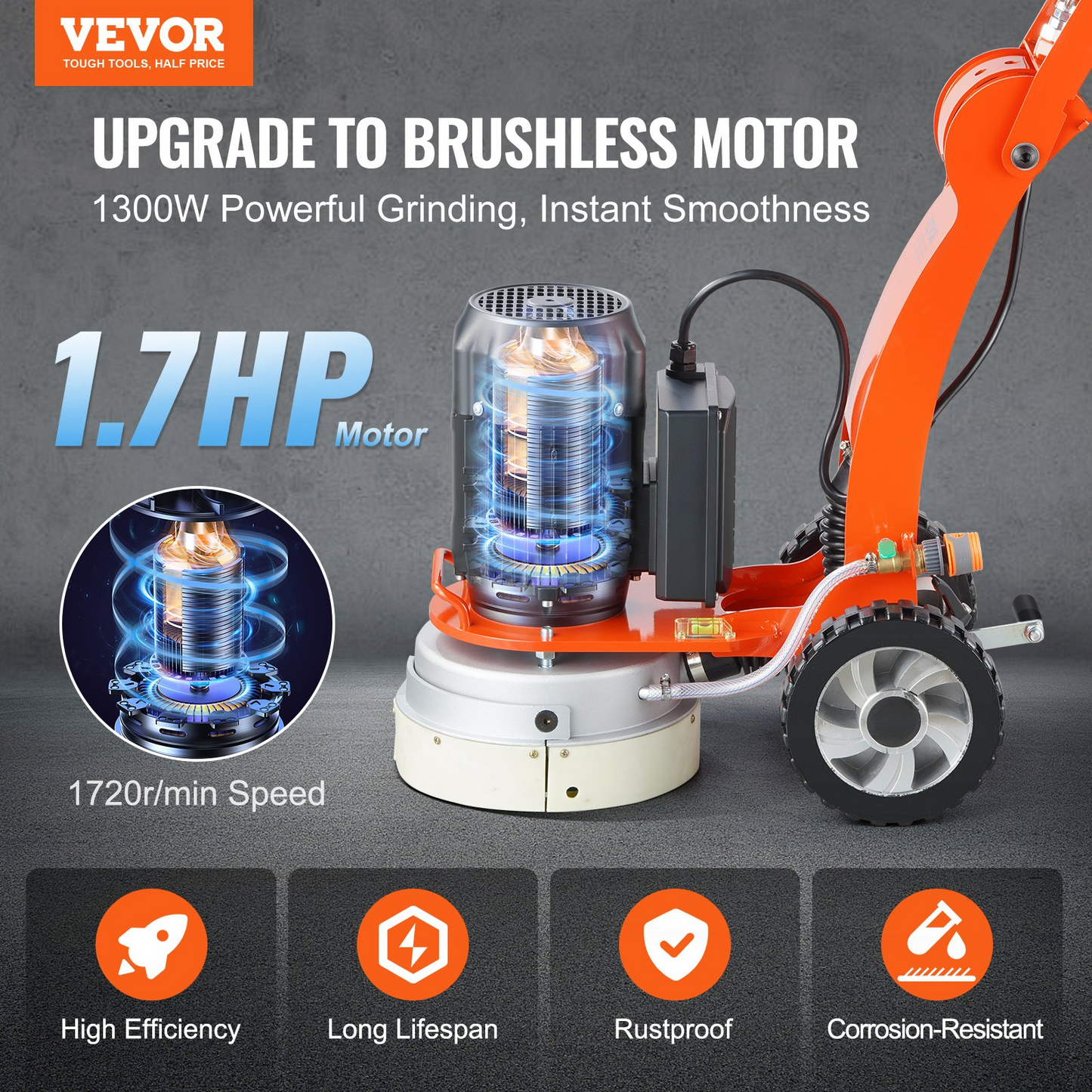 VEVOR Electric Concrete Floor Grinder 10" Walk-Behind Grinder 1.7HP Concrete Floor Polisher, 1300W Grinding Machine, 1720RPM Upgrade Brushless Motor Surfacing Grinder for Granite/Marble/Stones