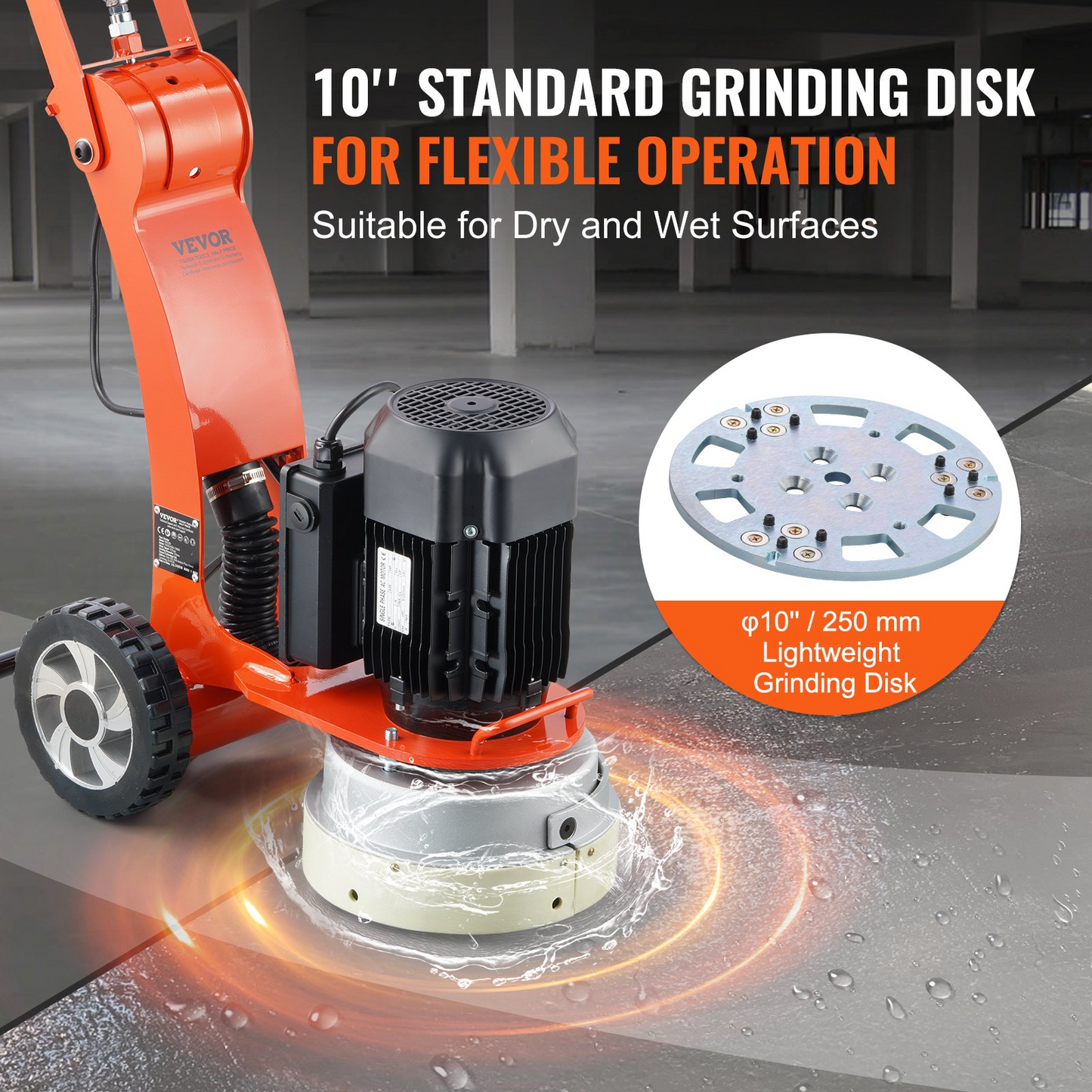 VEVOR Electric Concrete Floor Grinder 10" Walk-Behind Grinder 1.7HP Concrete Floor Polisher, 1300W Grinding Machine, 1720RPM Upgrade Brushless Motor Surfacing Grinder for Granite/Marble/Stones