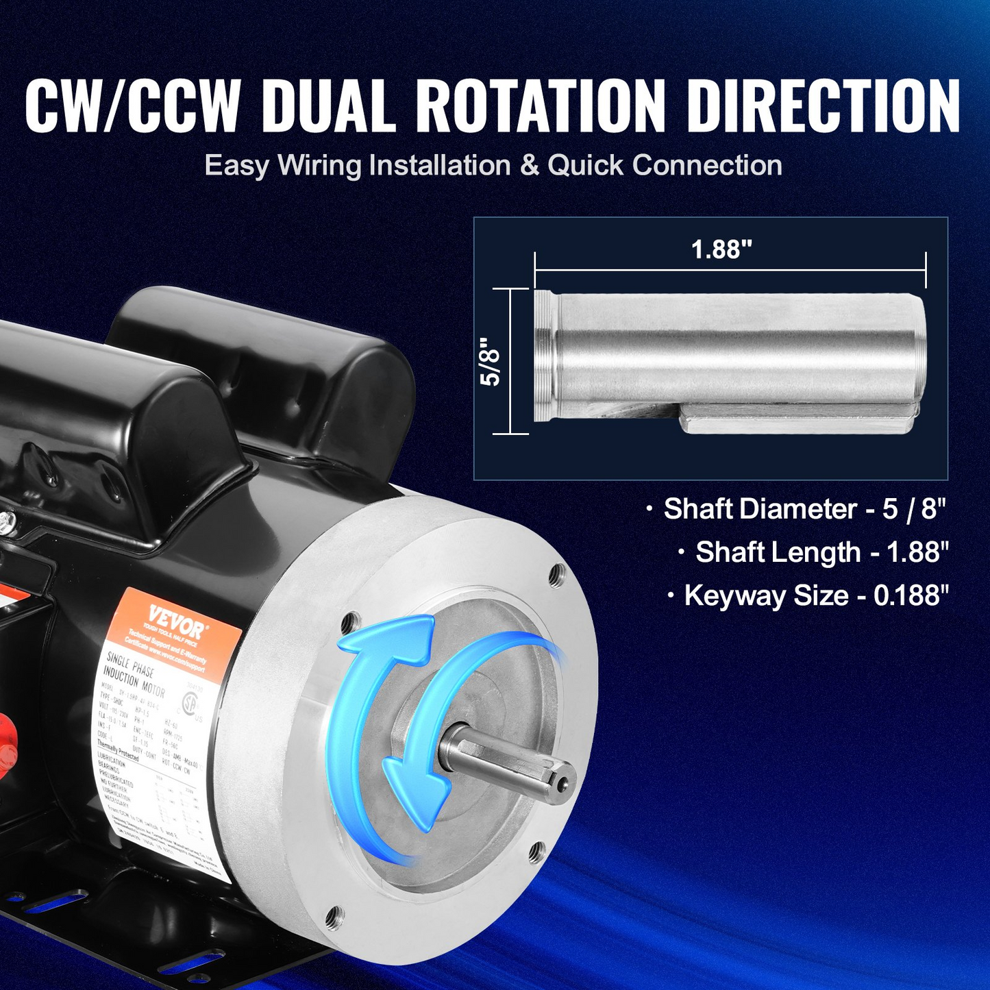 VEVOR 1.5HP Electric Motor 1725 rpm, AC 115V/230V, 56C Frame, Air Compressor Motor Single Phase, 5/8" Keyed Shaft, CW/CCW Rotation for Agricultural Machinery and General Equipment