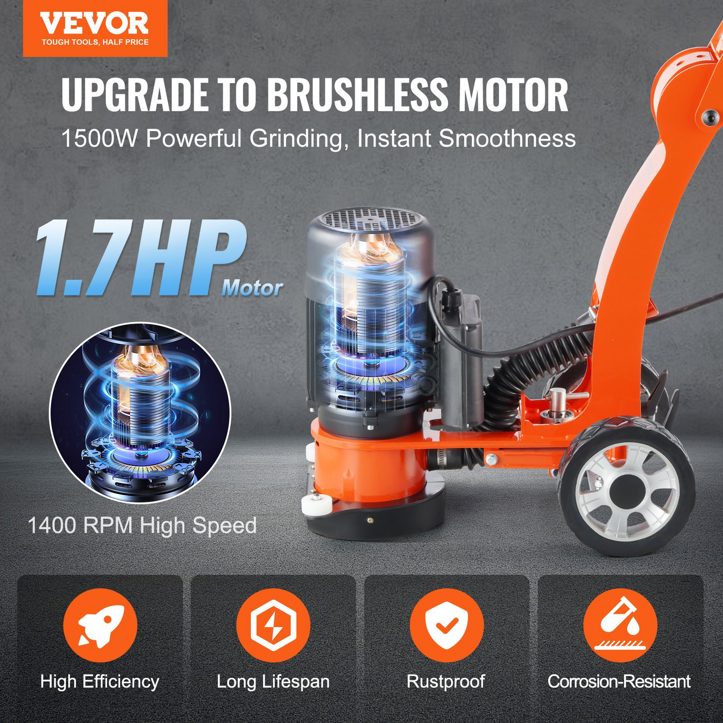 VEVOR Electric Concrete Floor Grinder 7" Walk-Behind Grinder 1.7HP Concrete Floor Polisher, 1300W Grinding Machine, 1720RPM Upgrade Brushless Motor Surfacing Grinder for Granite/Marble/Stones