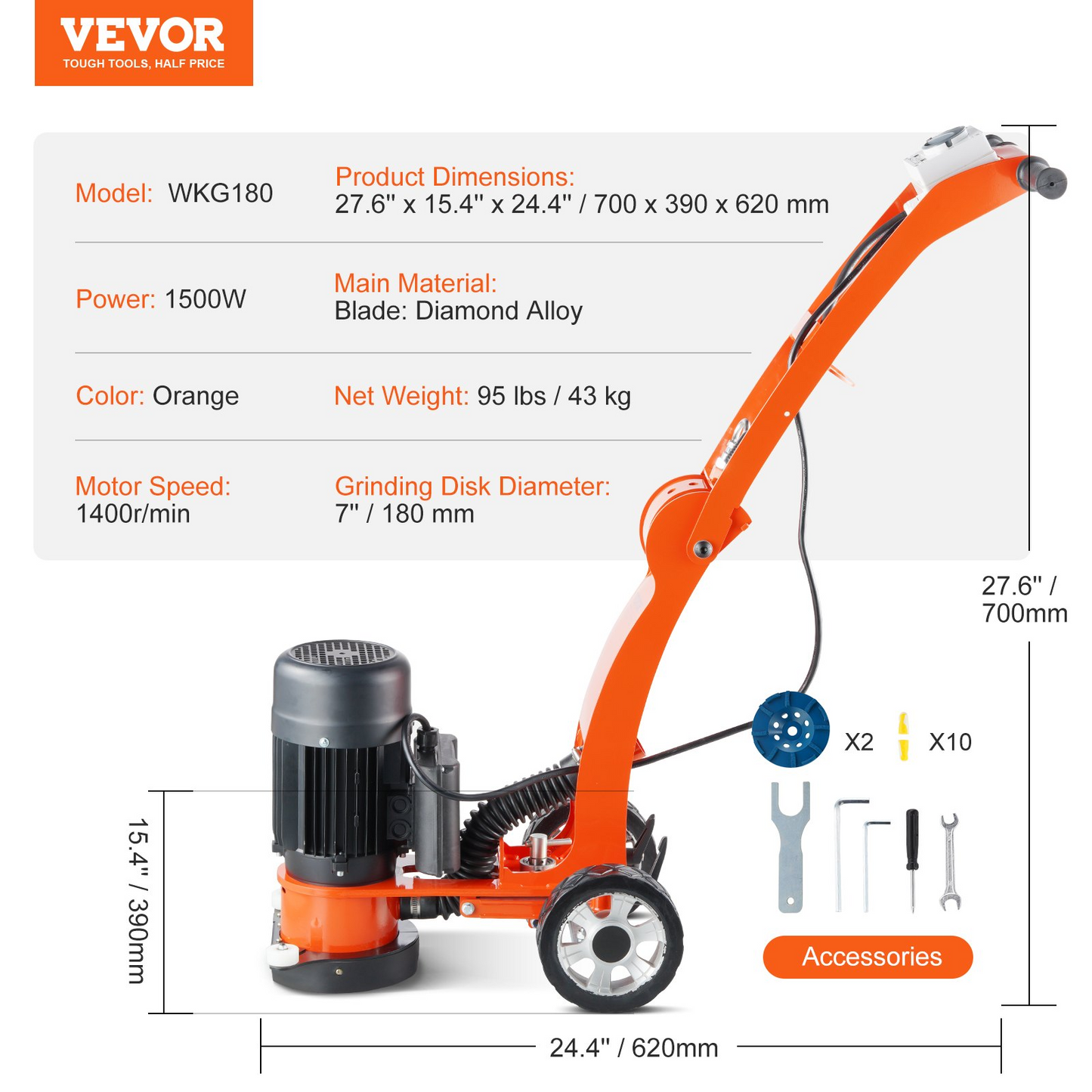 VEVOR Electric Concrete Floor Grinder 7" Walk-Behind Grinder 1.7HP Concrete Floor Polisher, 1300W Grinding Machine, 1720RPM Upgrade Brushless Motor Surfacing Grinder for Granite/Marble/Stones