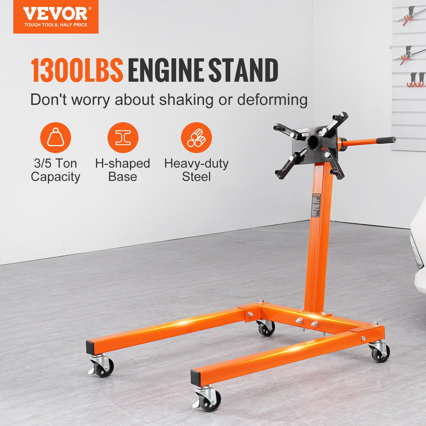 VEVOR Engine Stand, 1300 lbs (3/5 Ton) Rotating Engine Motor Stand with 360 Degree Adjustable Head, Cast Iron Motor Hoist Dolly, 4-Caster, 4 Adjustable Arms, for Vehicle Maintenance, Auto Repair